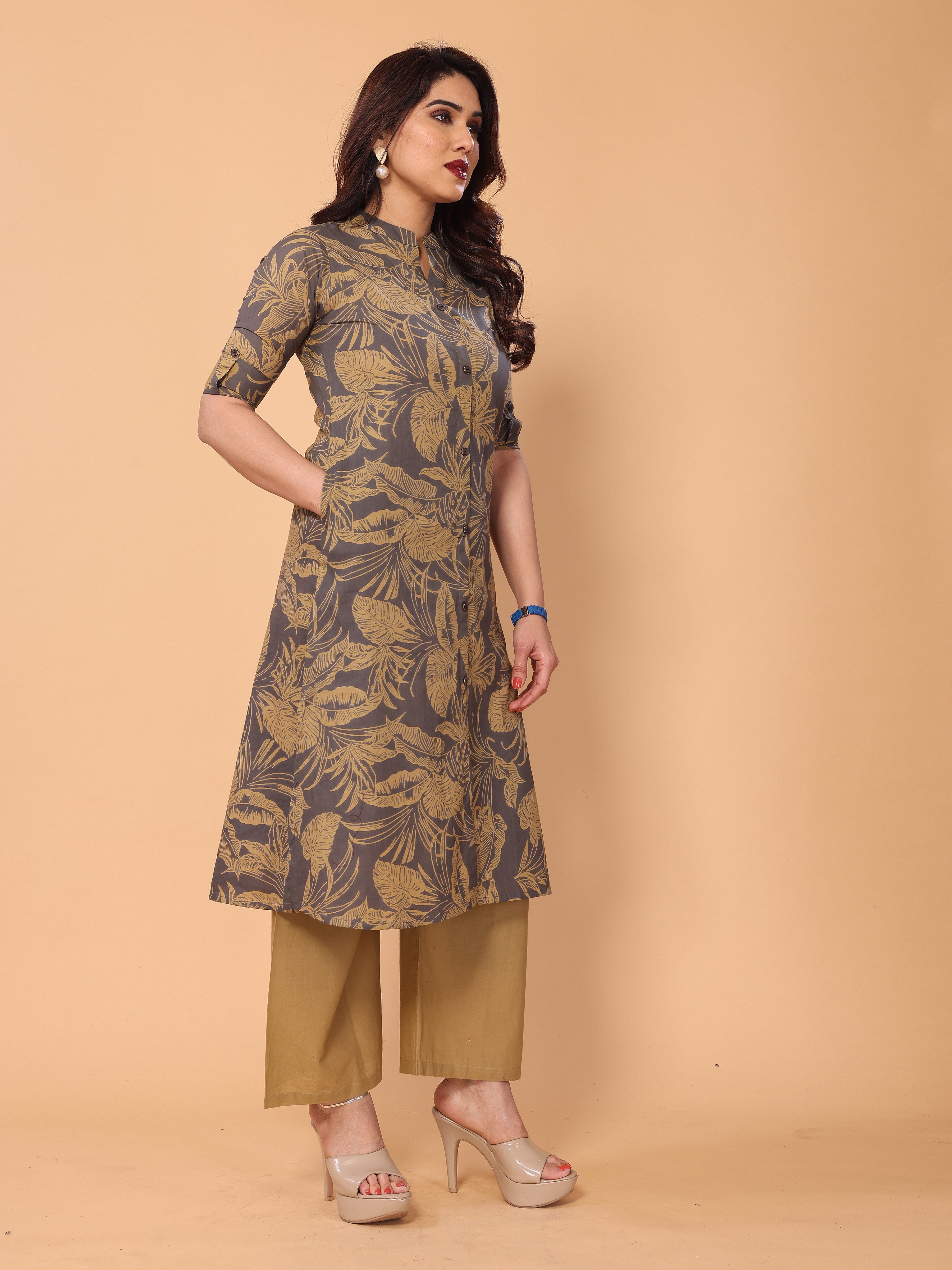 Grey Cotton Floral Printed Kurta Palazzo Set
