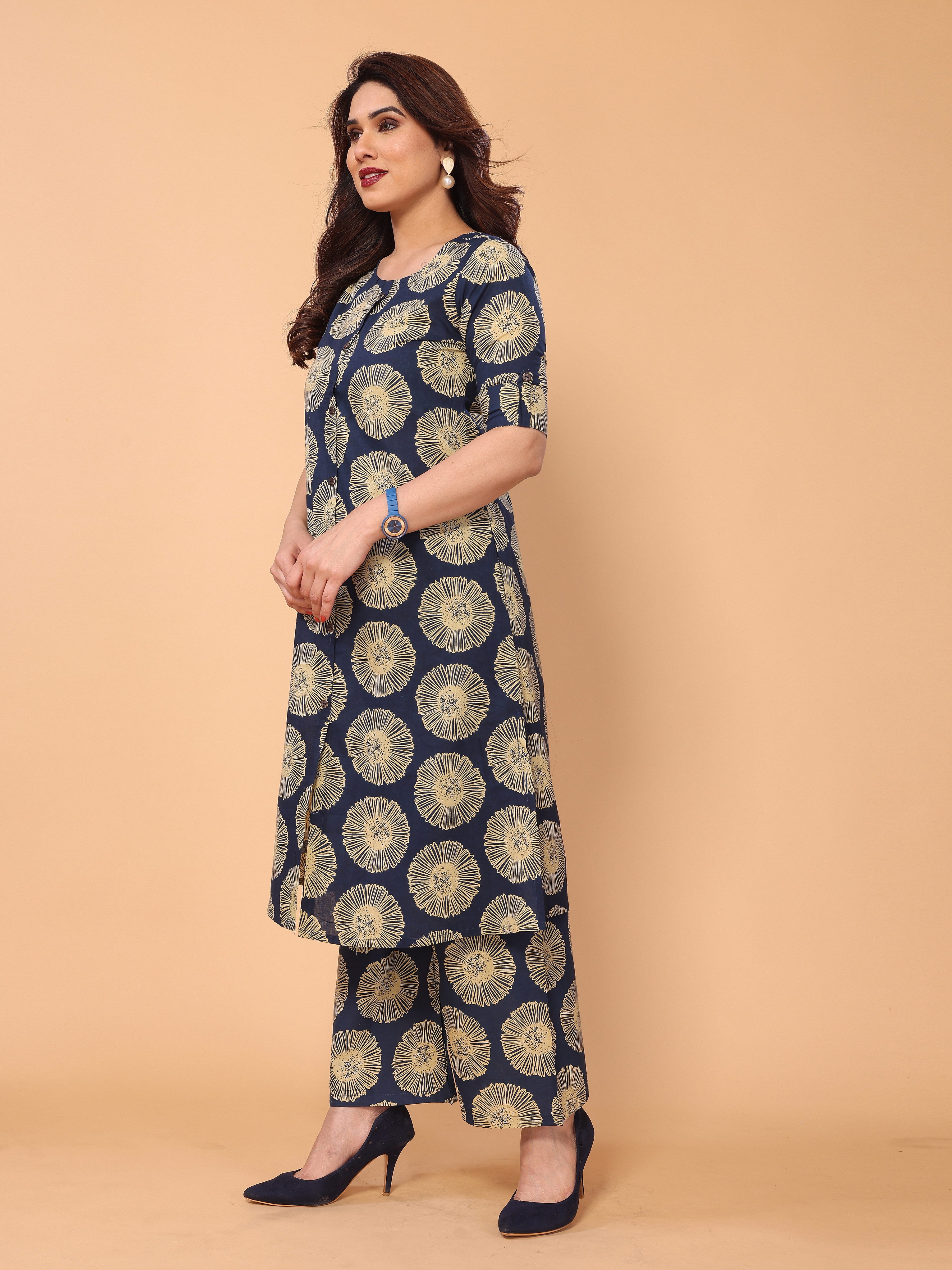 Navy Blue Floral Printed Kurta Palazzo Set in Cotton