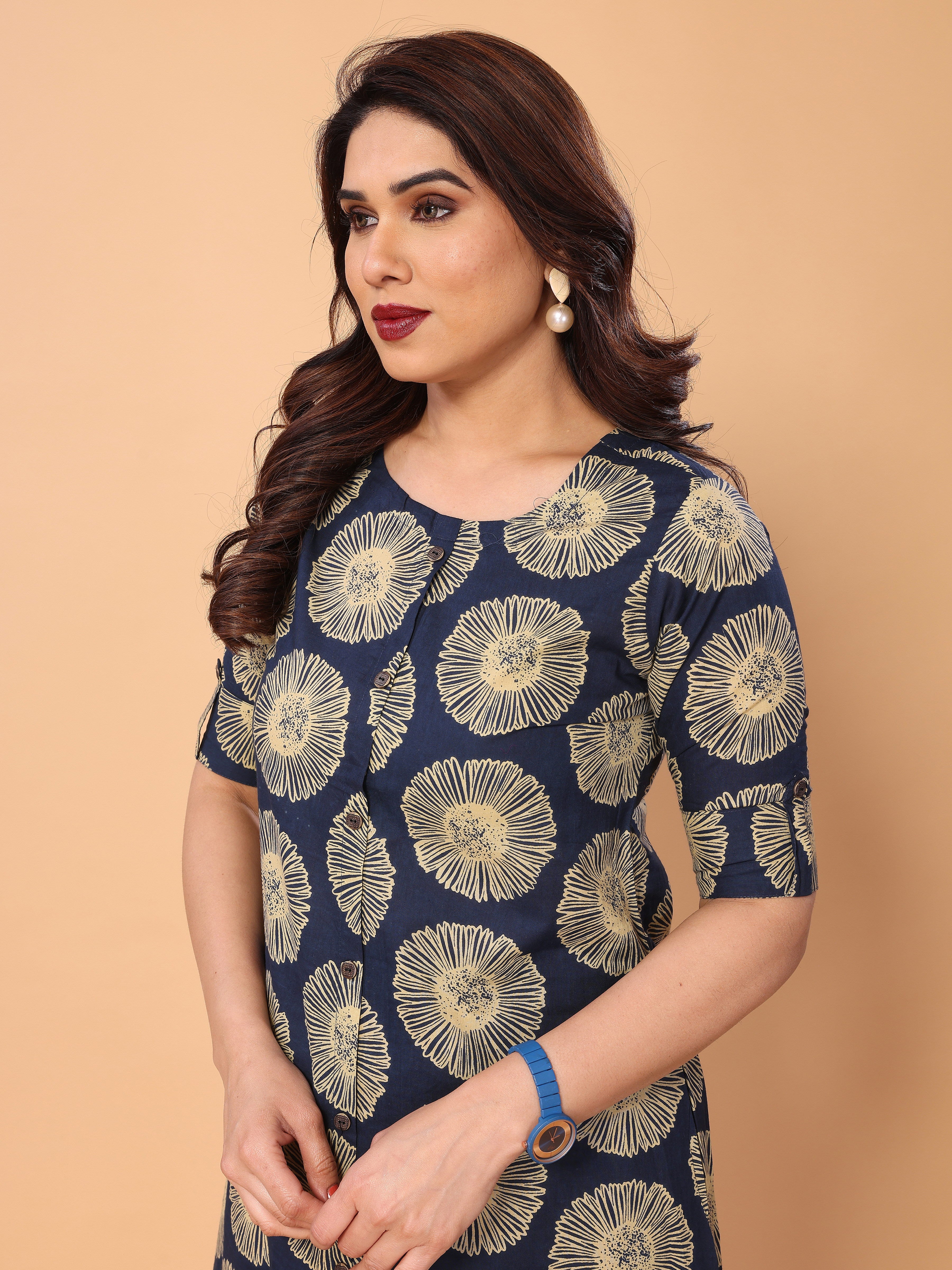 Navy Blue Floral Printed Kurta Palazzo Set in Cotton