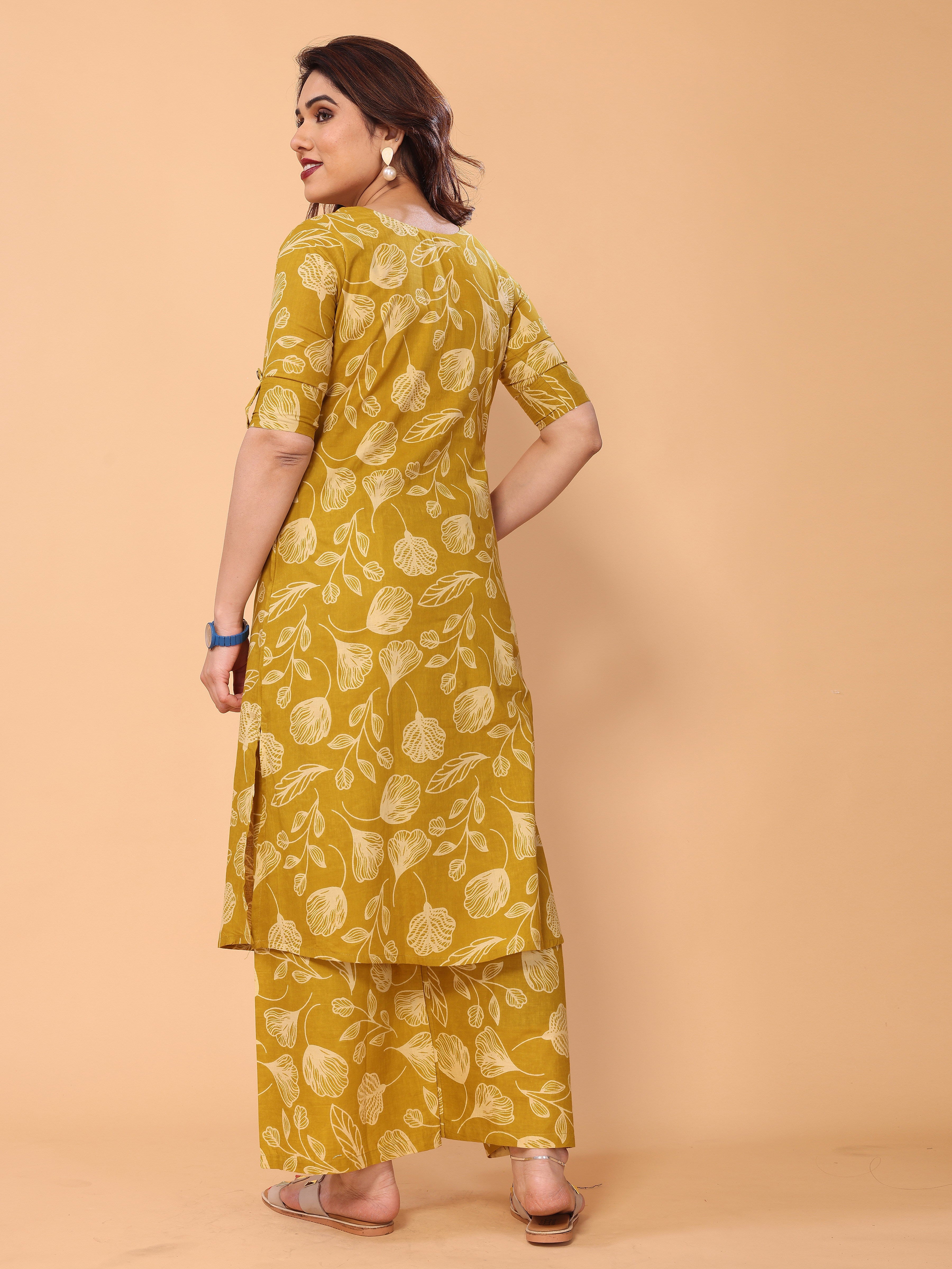Mustard Yellow Ethnic Floral Printed Cotton Kurta Palazzo Set