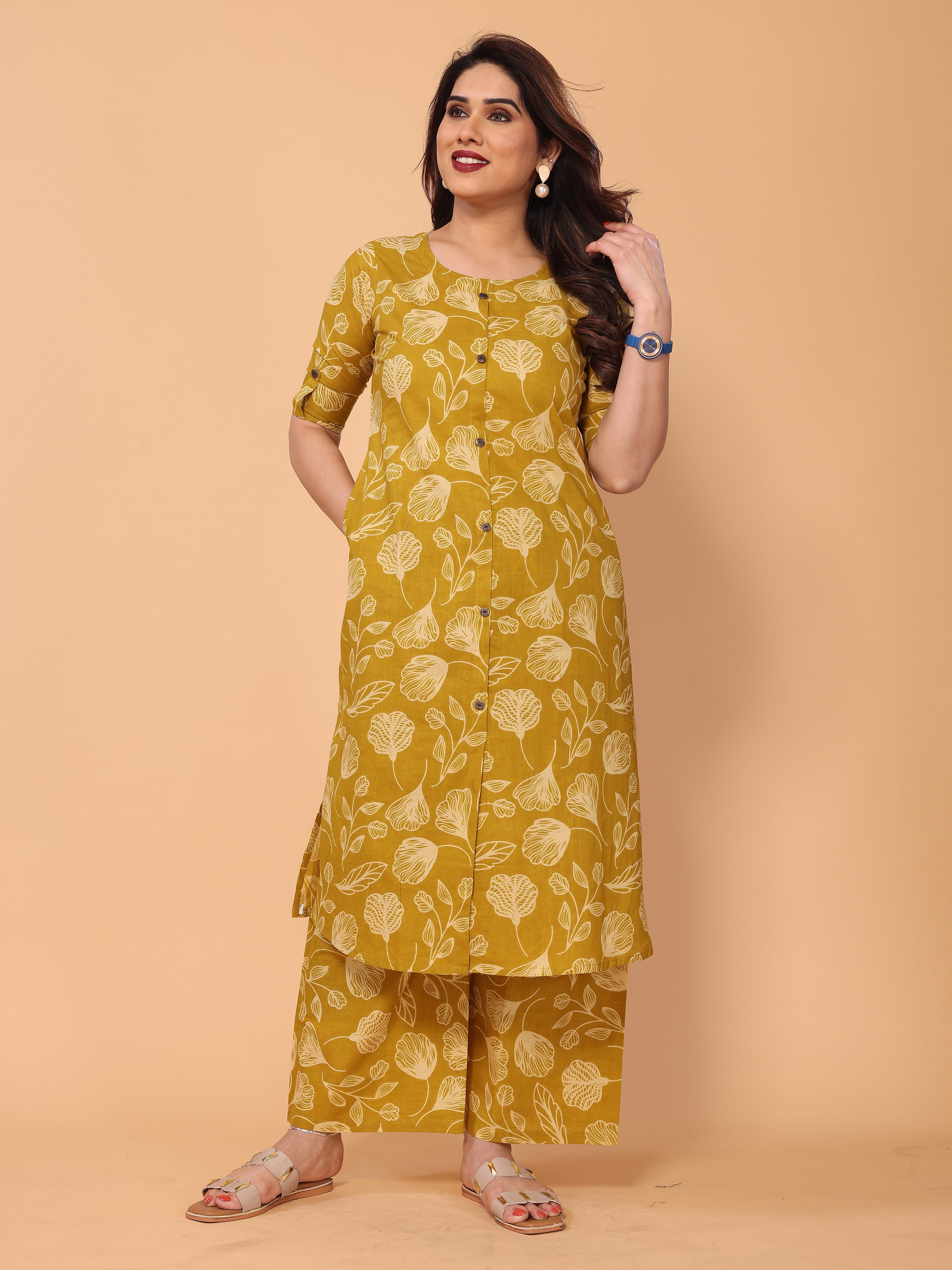 Mustard Yellow Ethnic Floral Printed Cotton Kurta Palazzo Set
