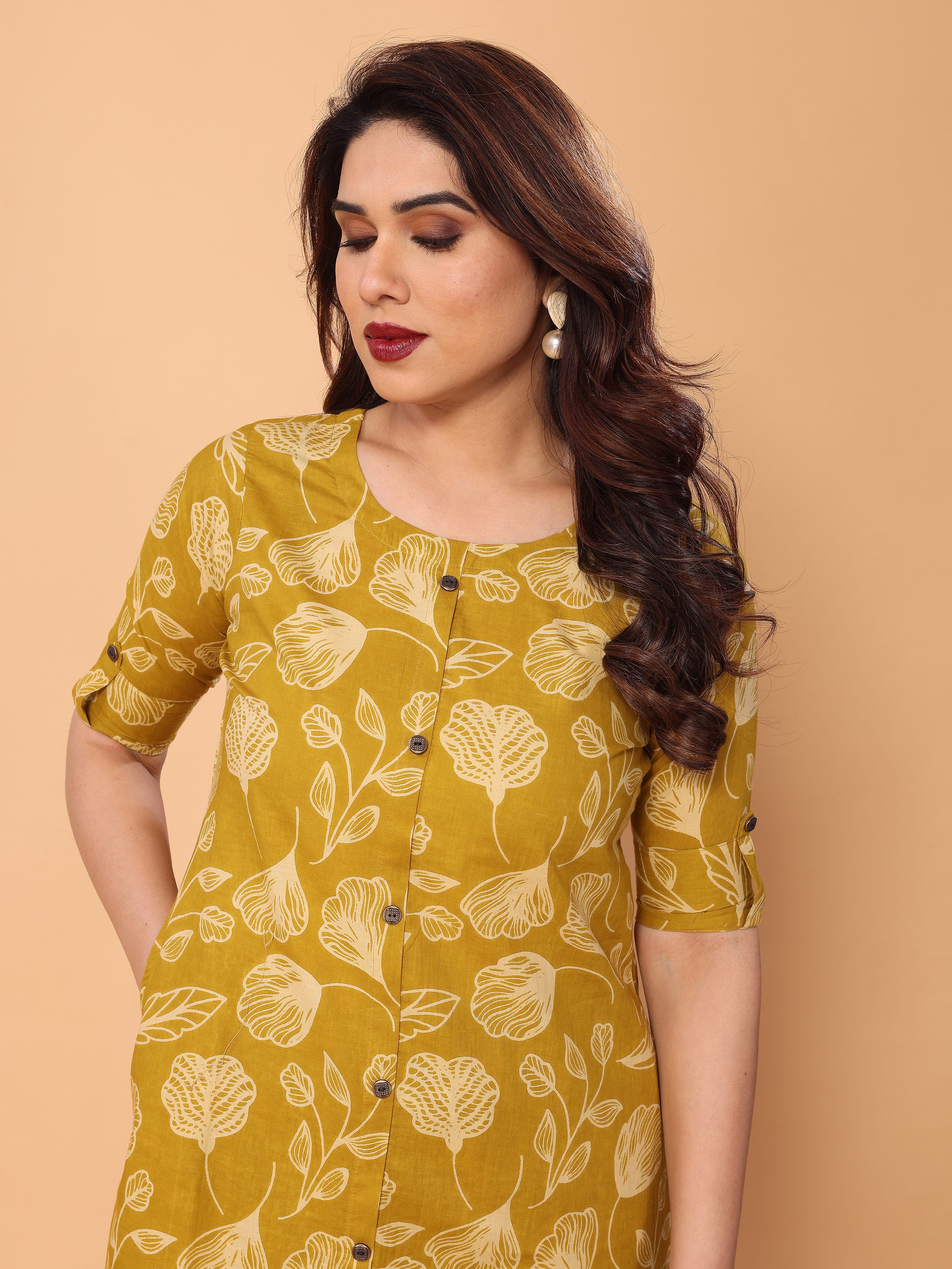 Mustard Yellow Ethnic Floral Printed Cotton Kurta Palazzo Set