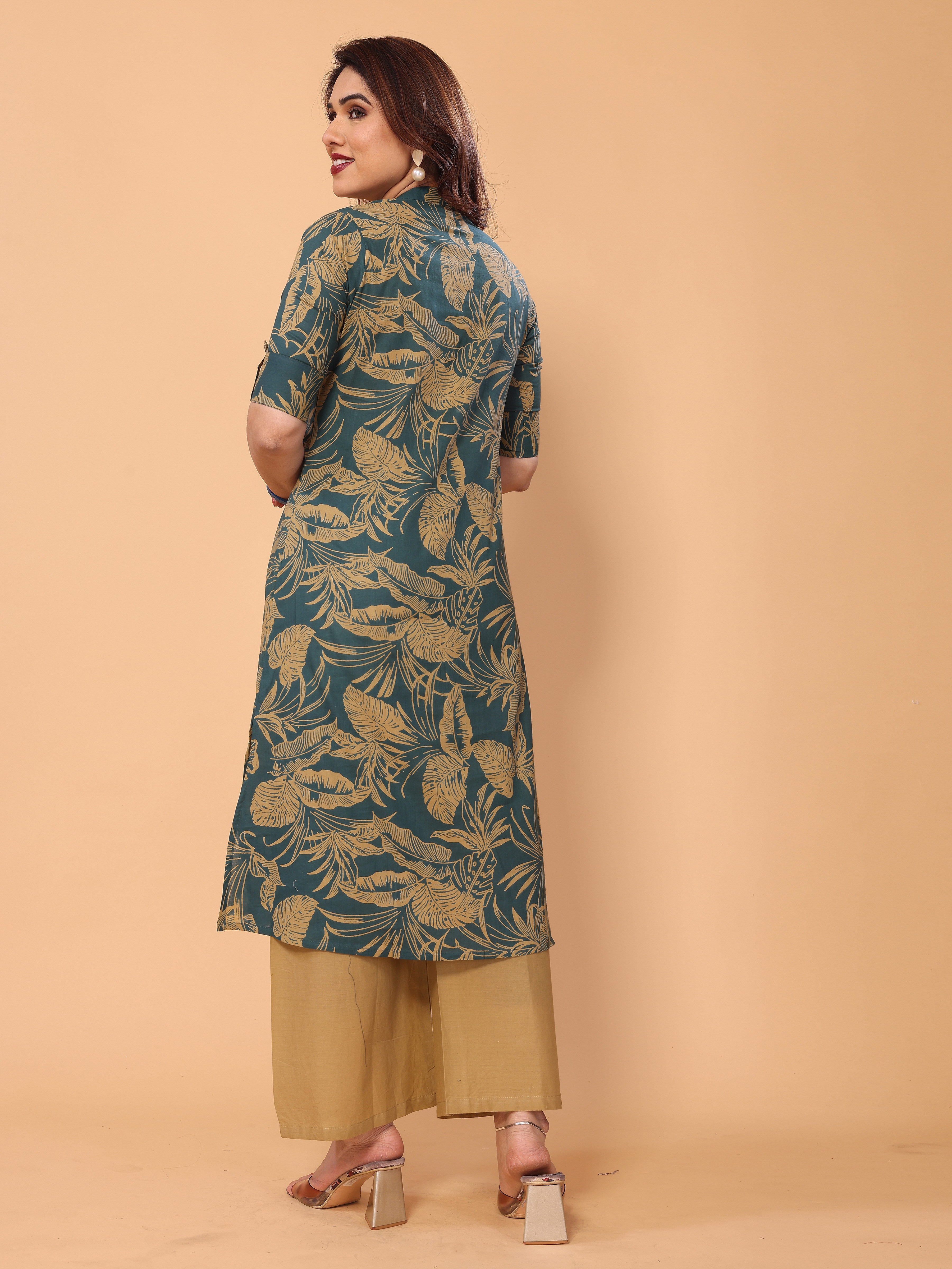 Cyan Blue Cotton Floral Printed Kurta Palazzo Set