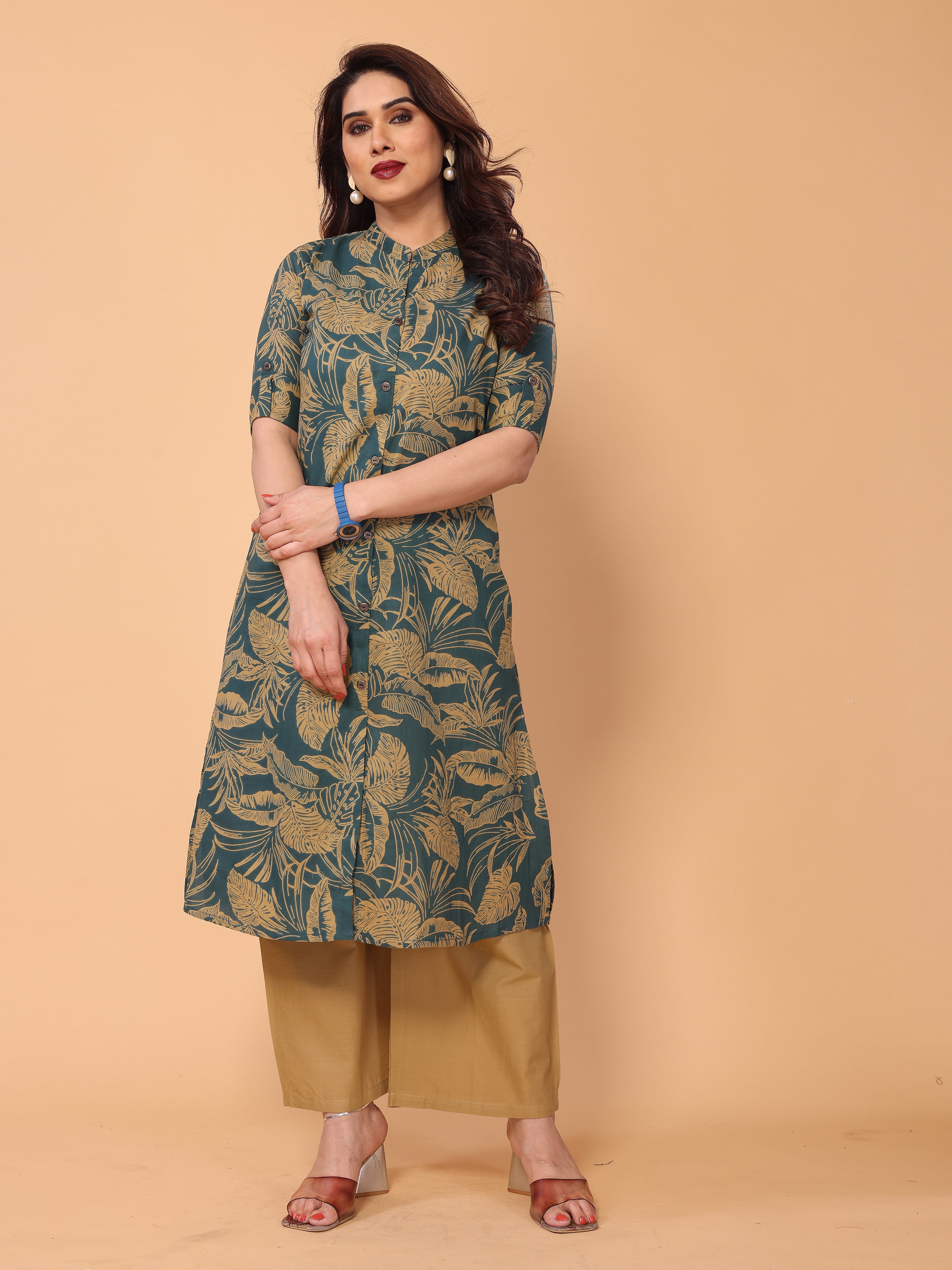 Cyan Blue Cotton Floral Printed Kurta Palazzo Set