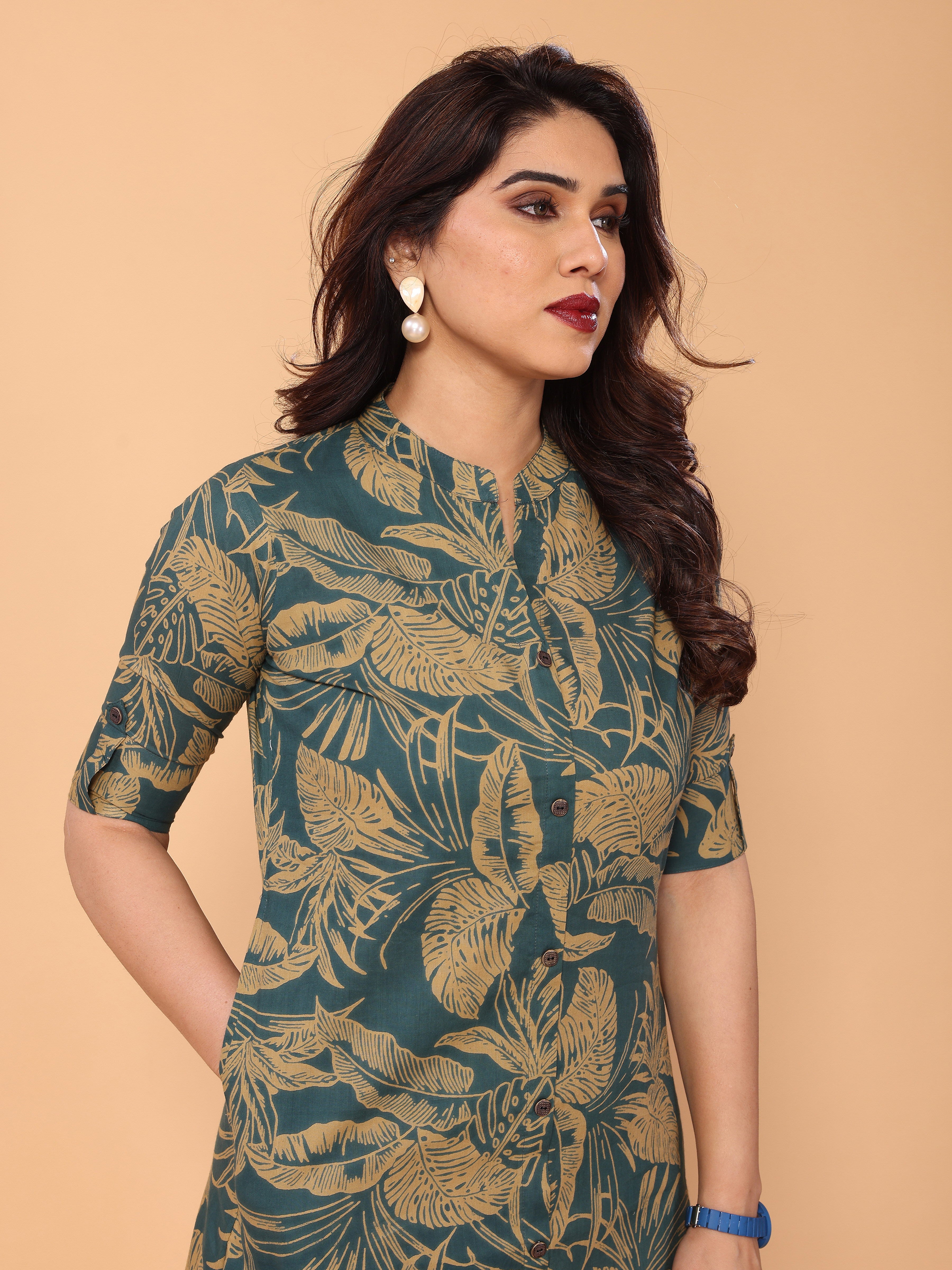 Cyan Blue Cotton Floral Printed Kurta Palazzo Set