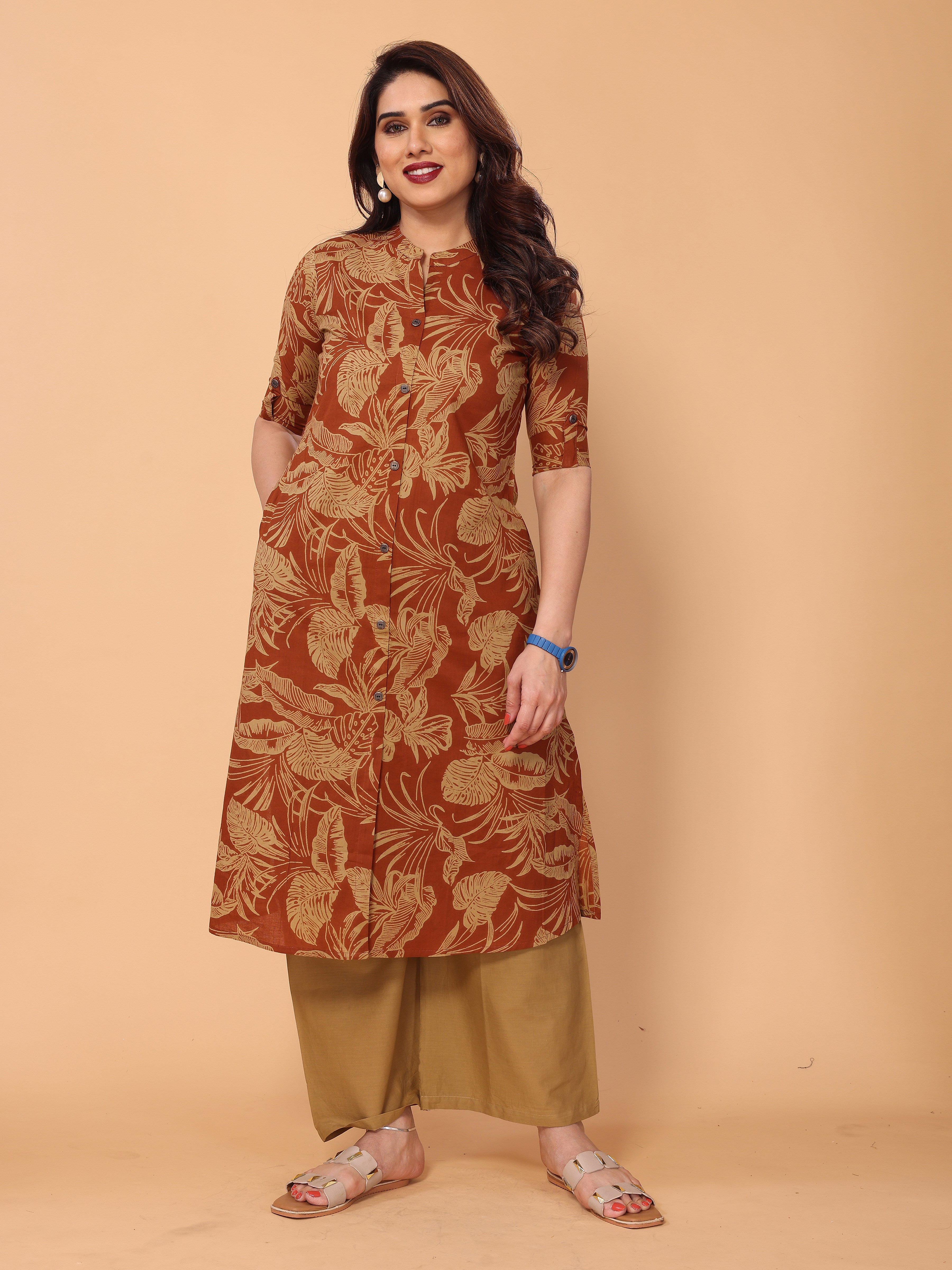 Orangey Red Cotton Floral Printed Kurta Palazzo Set