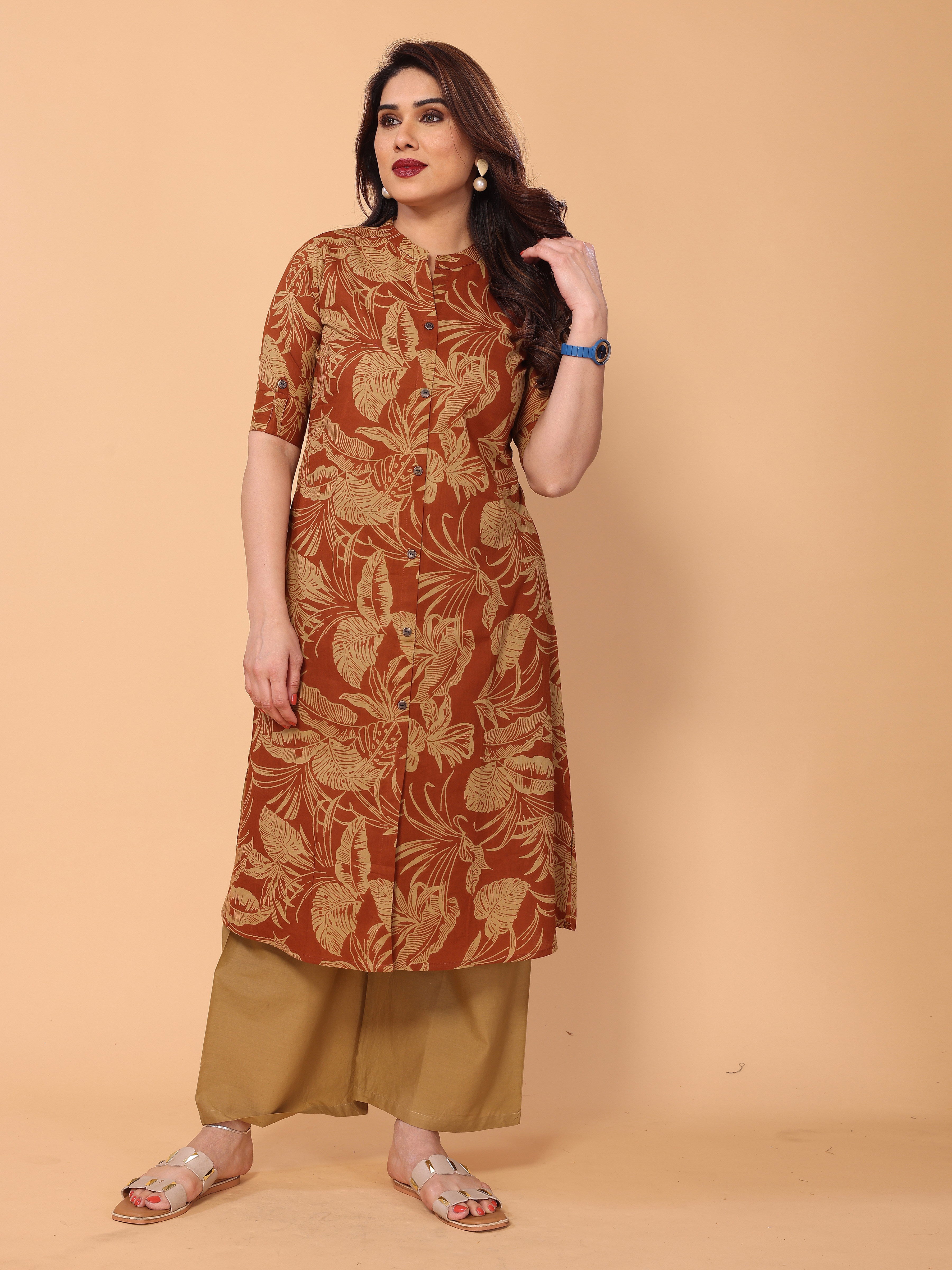 Orangey Red Cotton Floral Printed Kurta Palazzo Set