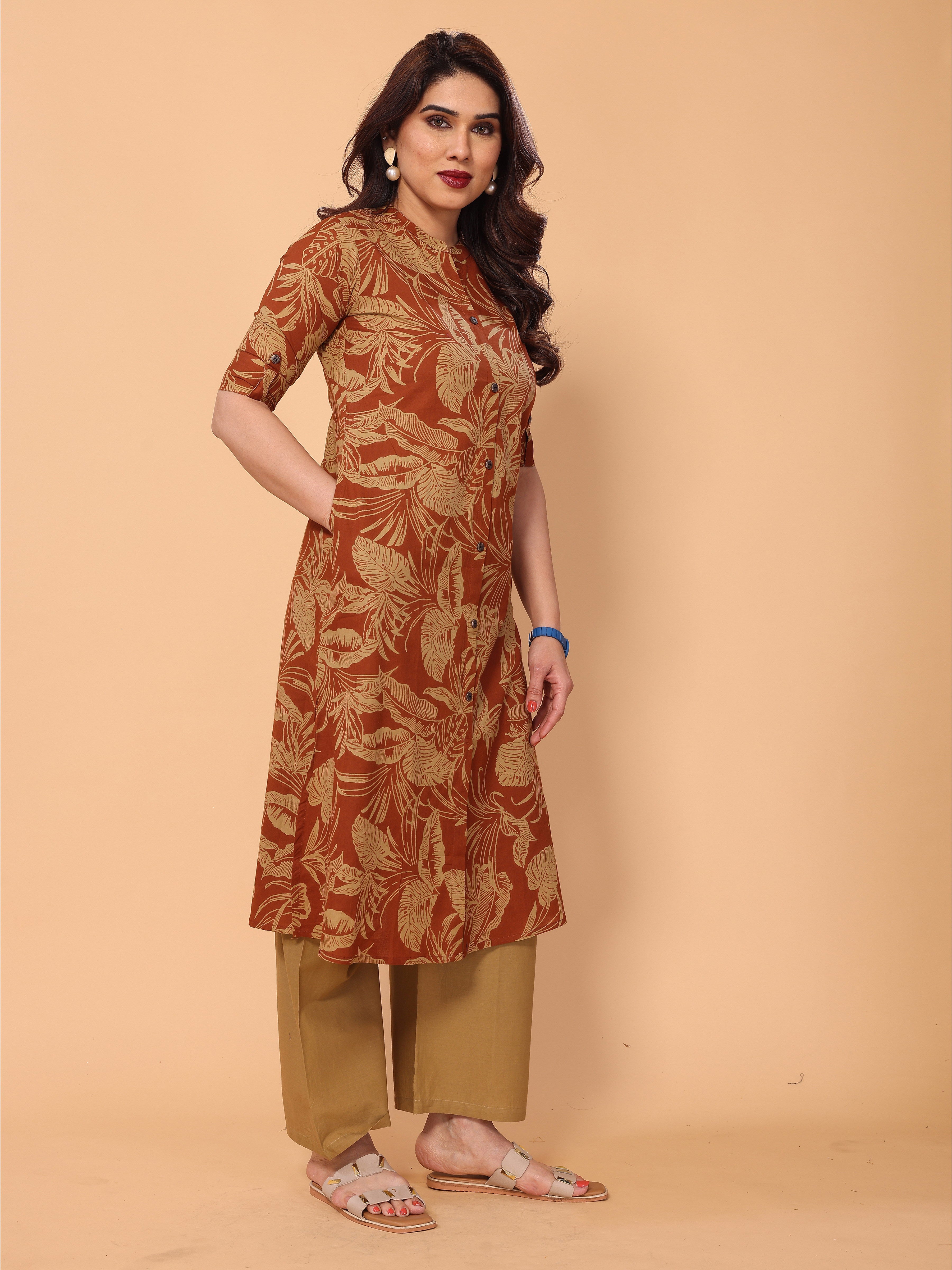Orangey Red Cotton Floral Printed Kurta Palazzo Set