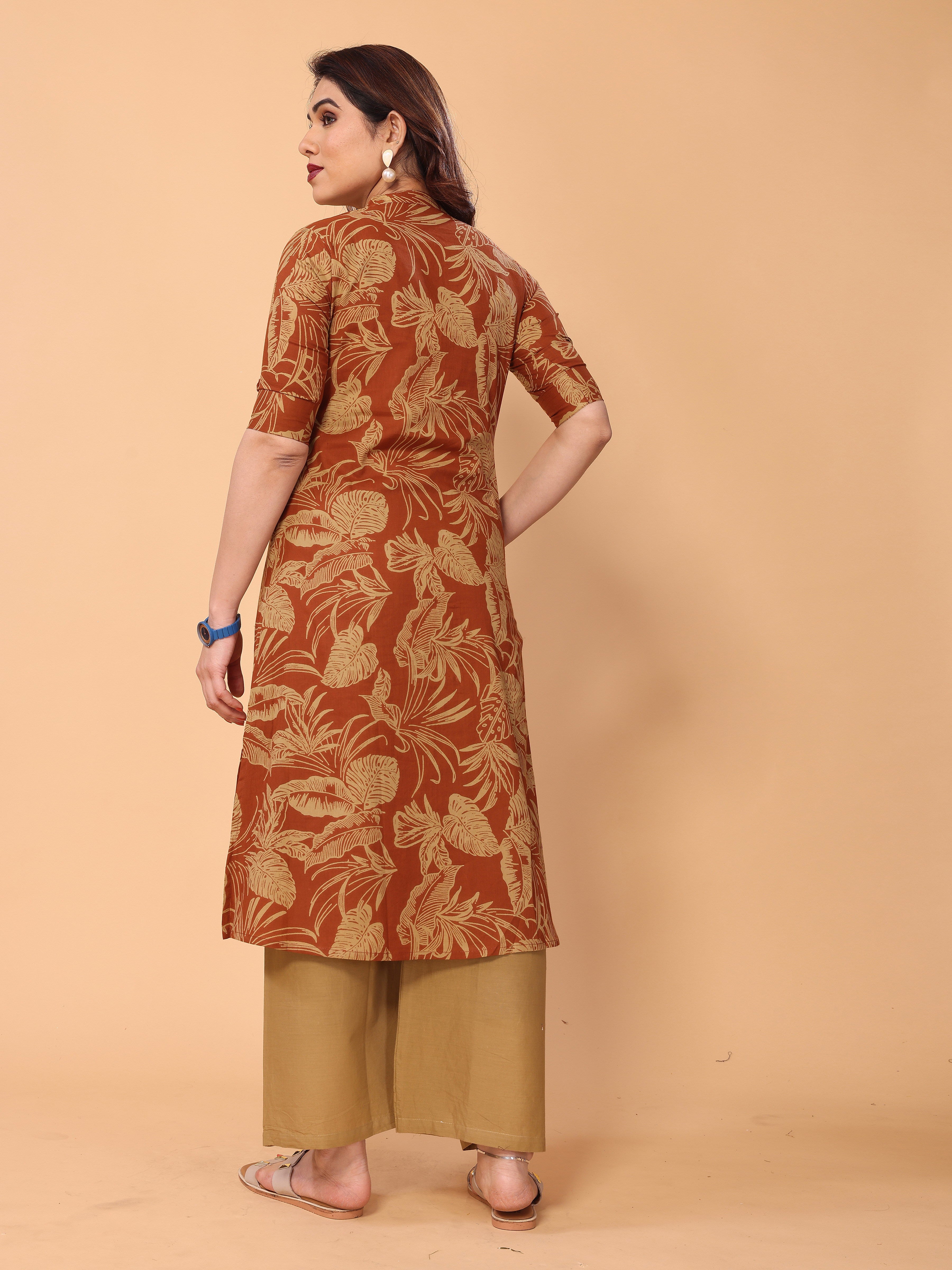 Orangey Red Cotton Floral Printed Kurta Palazzo Set