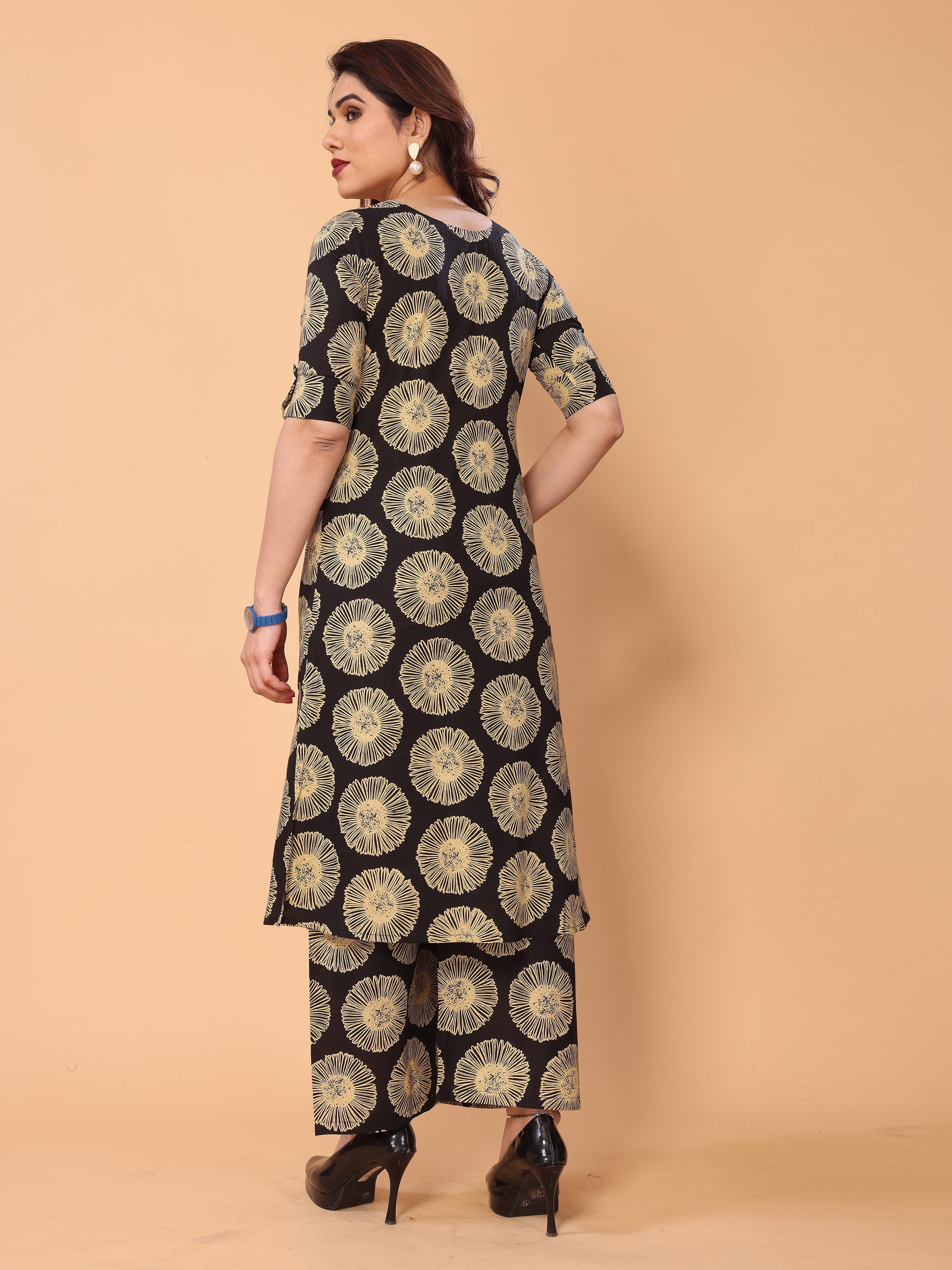 Black Floral Printed Kurta Palazzo Set in Cotton