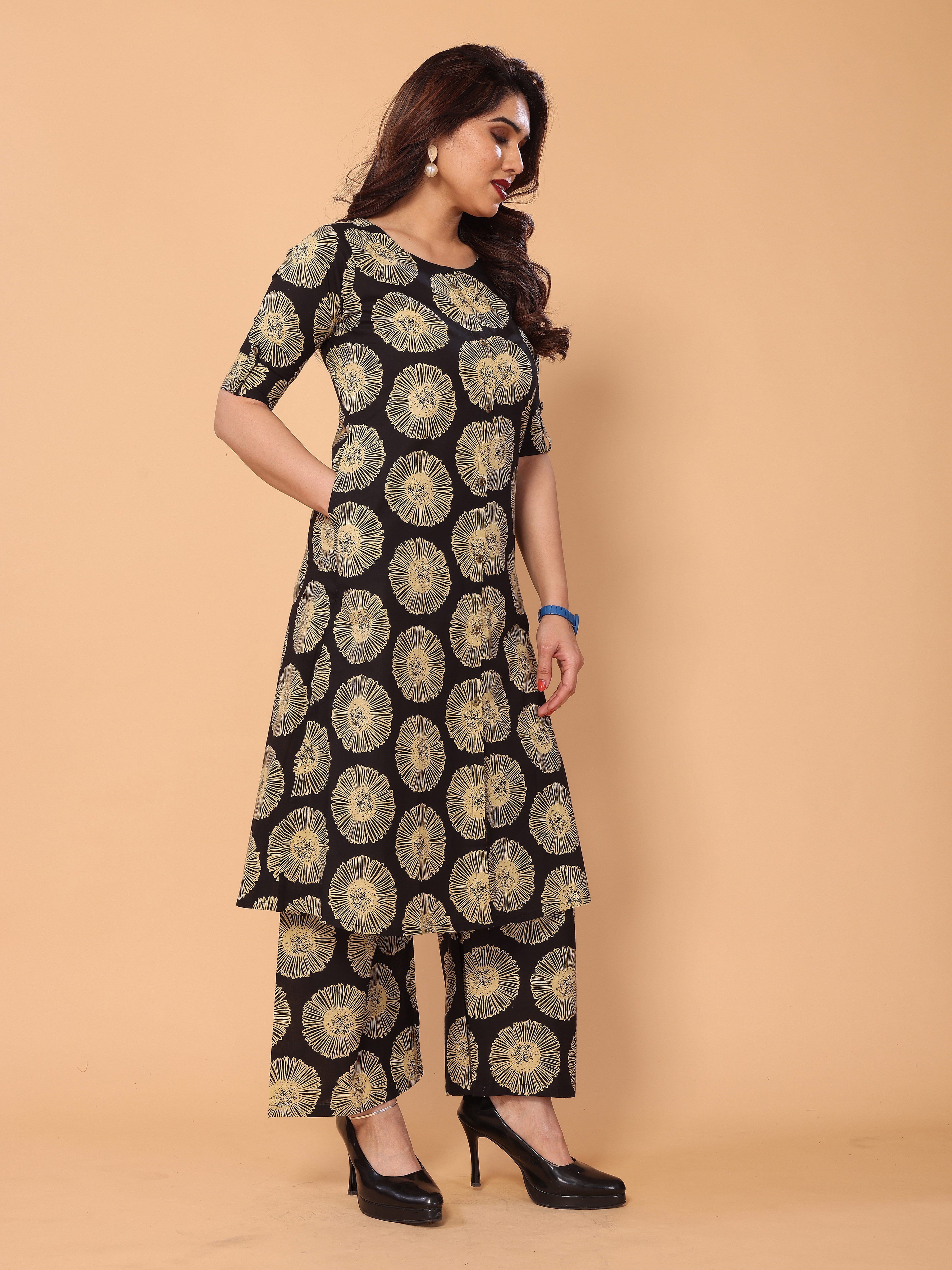 Black Floral Printed Kurta Palazzo Set in Cotton
