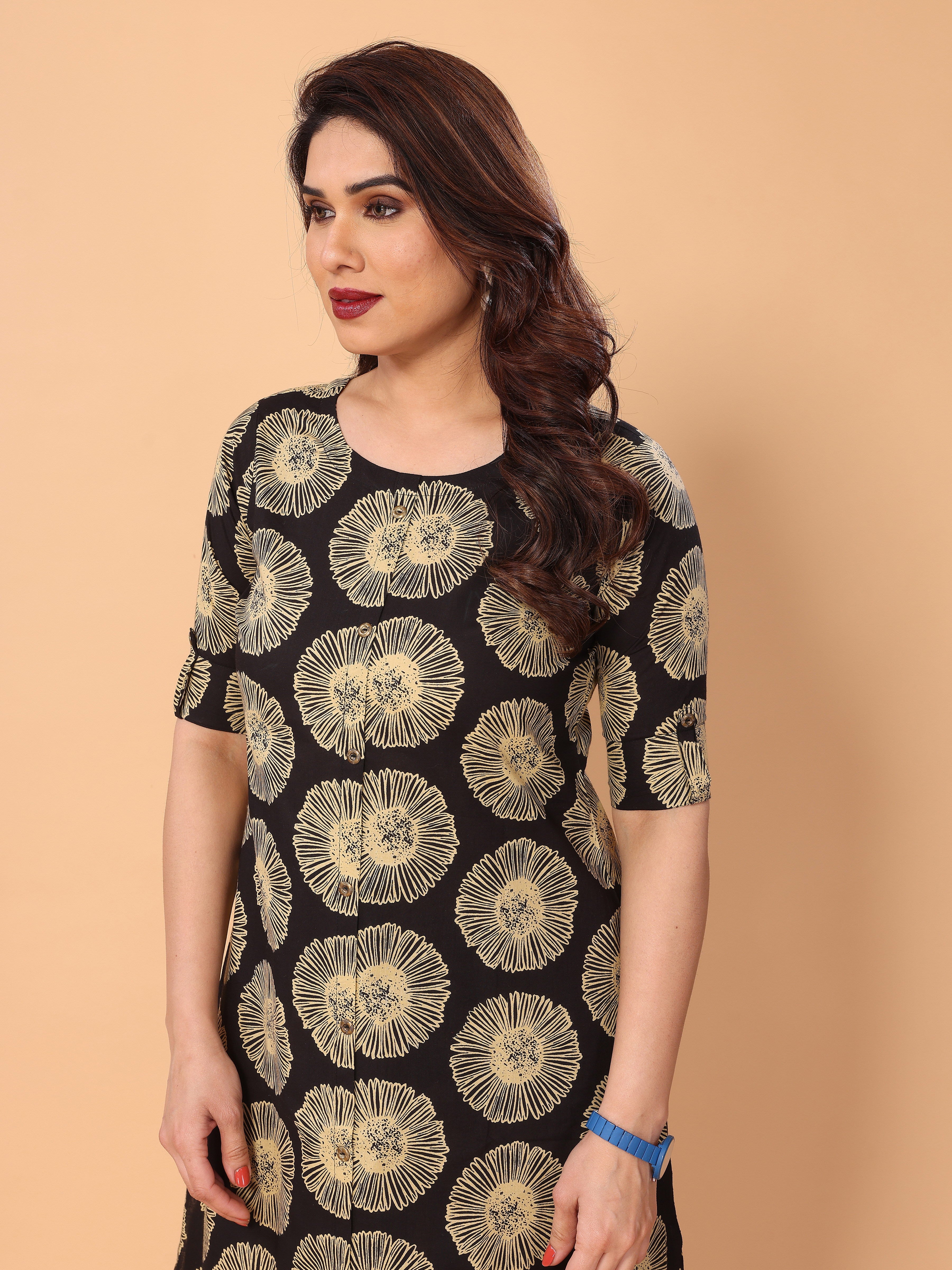 Black Floral Printed Kurta Palazzo Set in Cotton