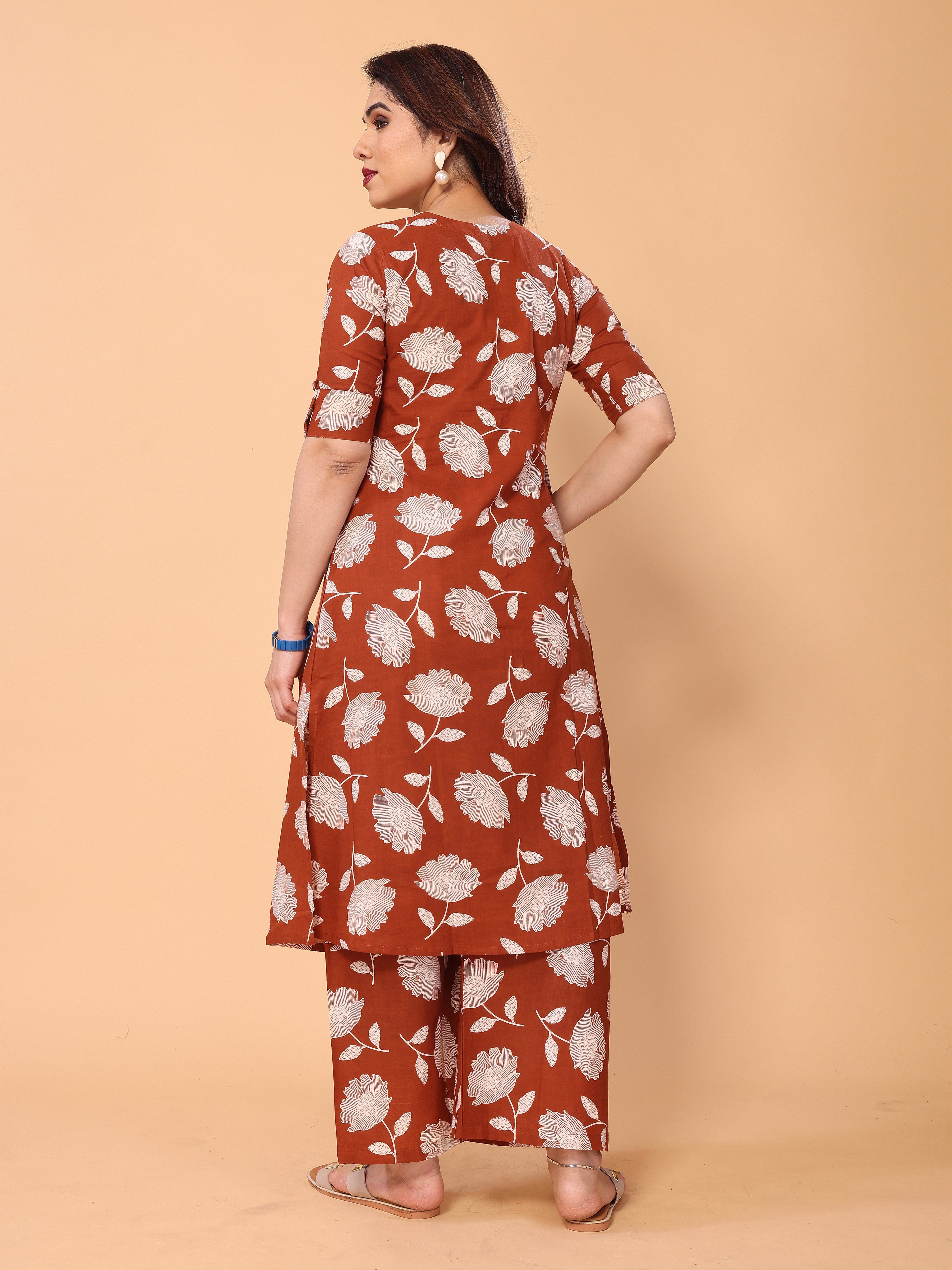 Brown Red Cotton Floral Printed Kurta Palazzo Set