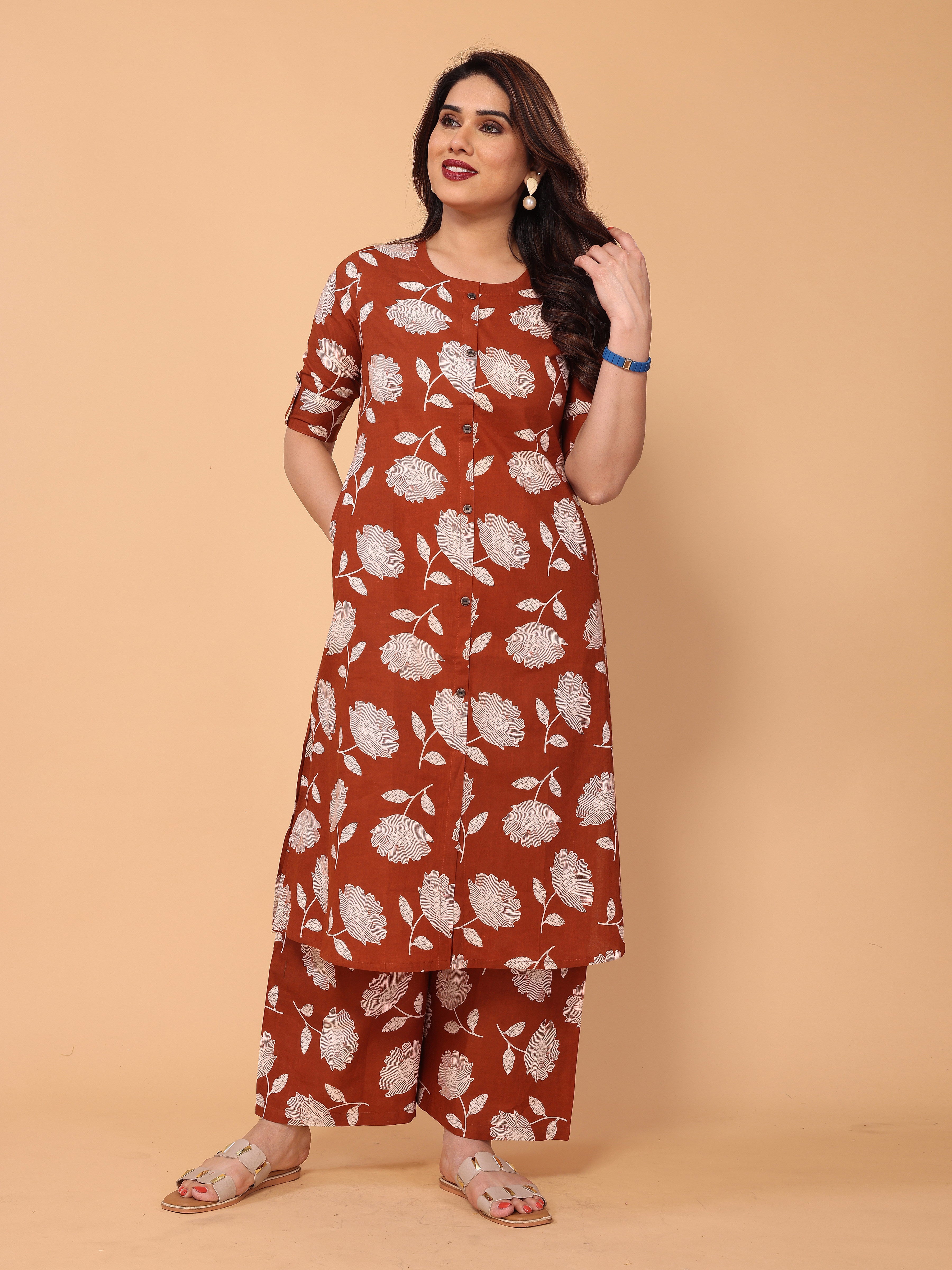 Brown Red Cotton Floral Printed Kurta Palazzo Set