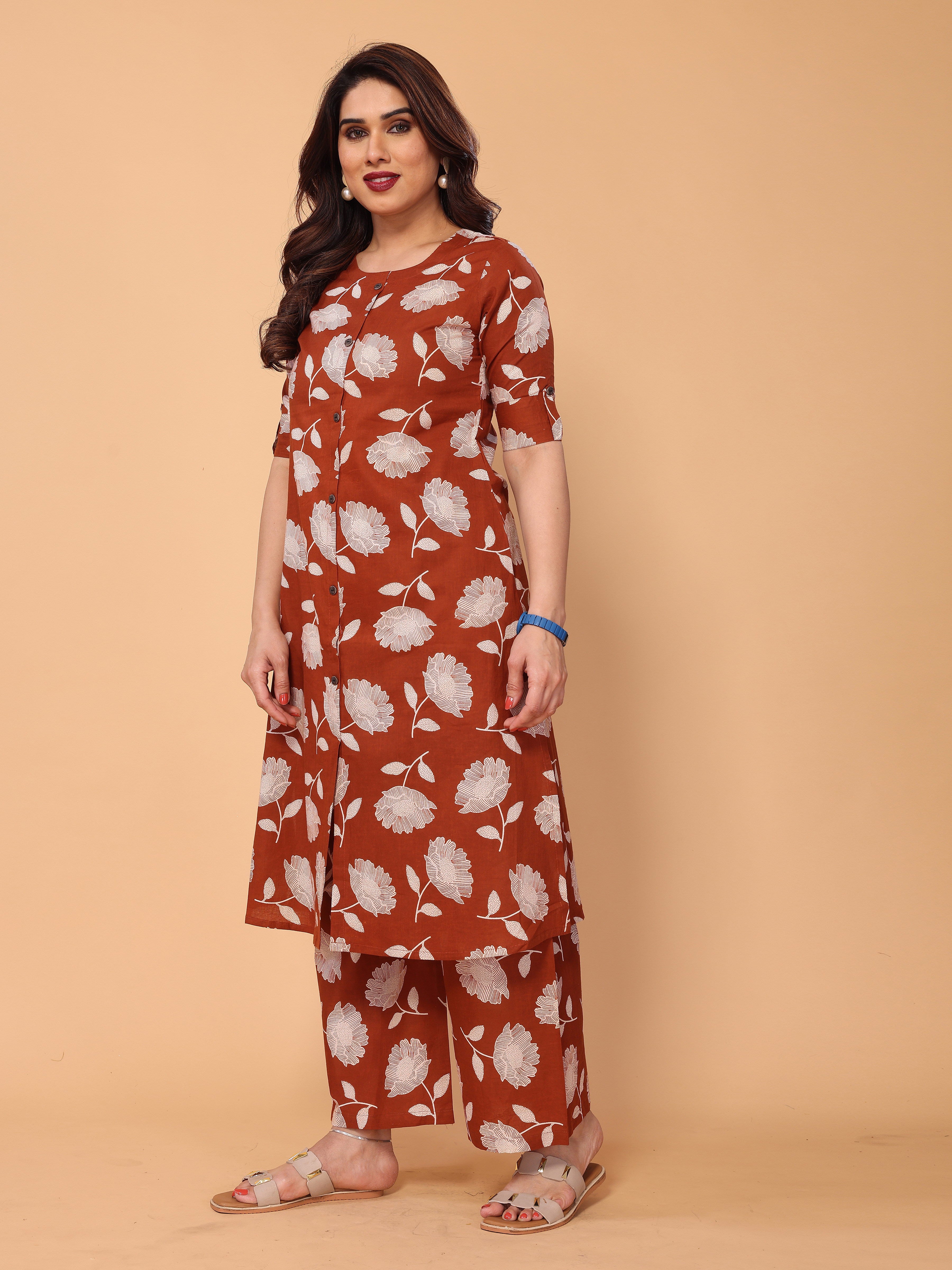 Brown Red Cotton Floral Printed Kurta Palazzo Set