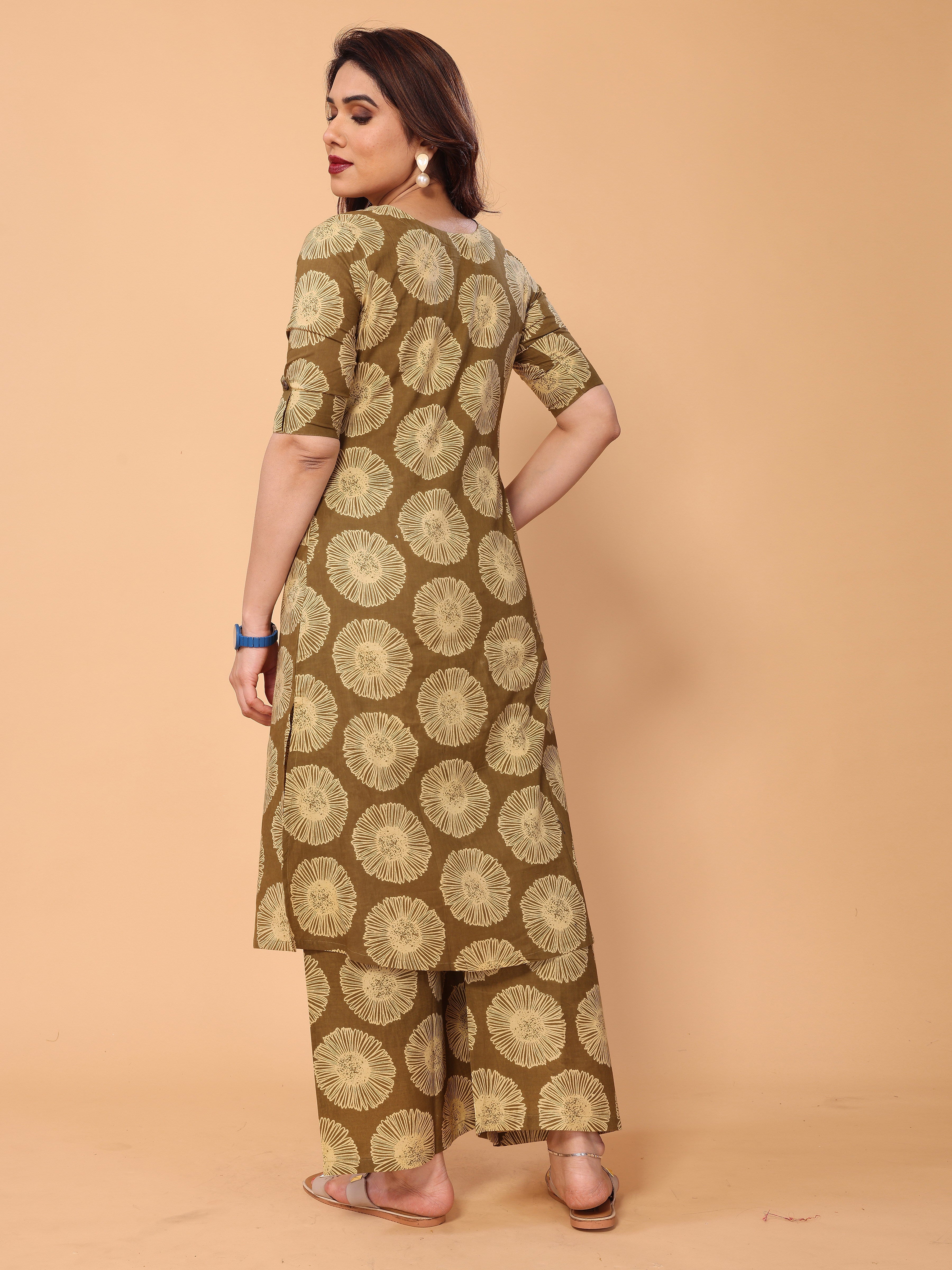 Brown Floral Printed Kurta Palazzo Set in Cotton