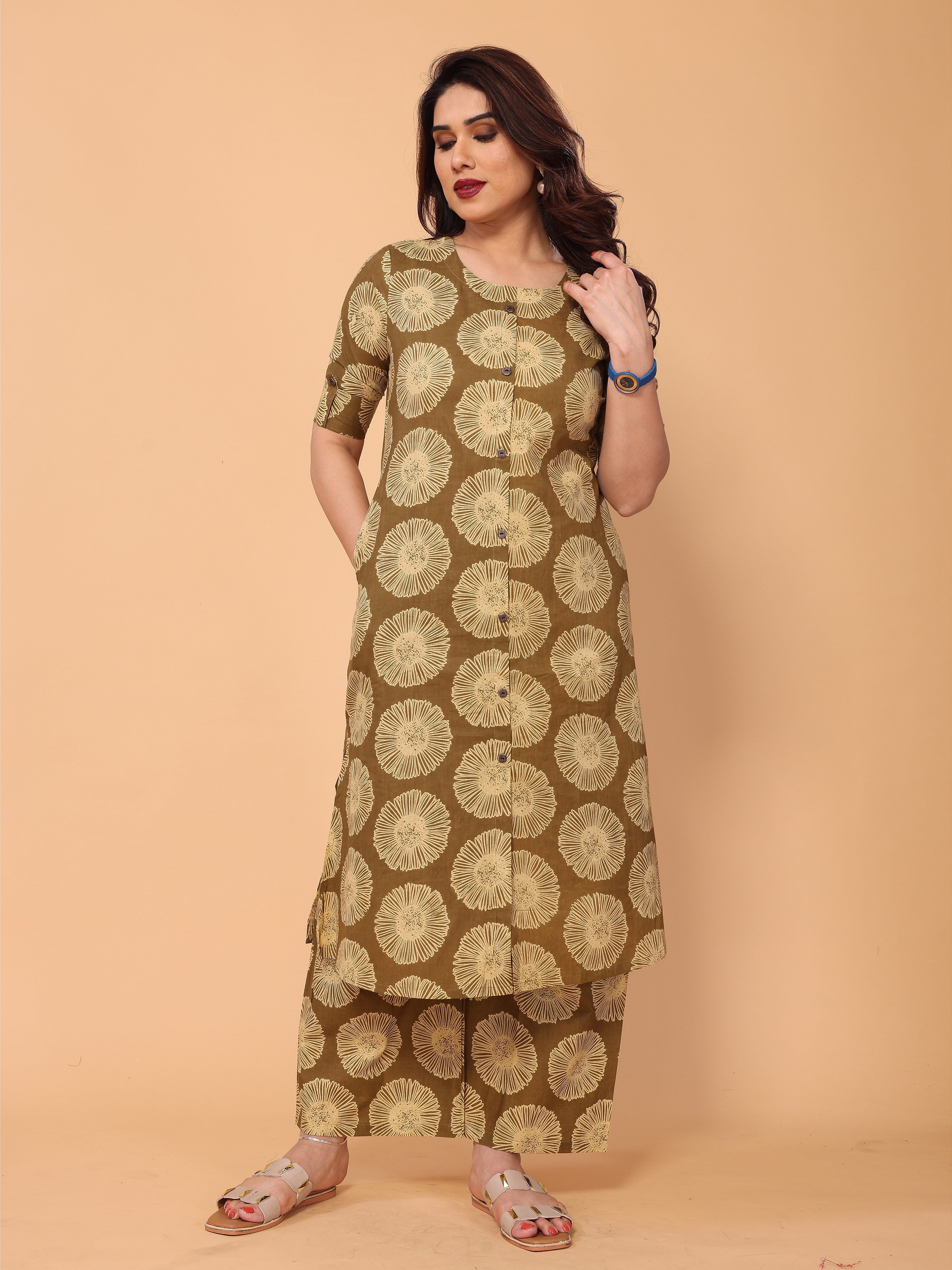 Brown Floral Printed Kurta Palazzo Set in Cotton