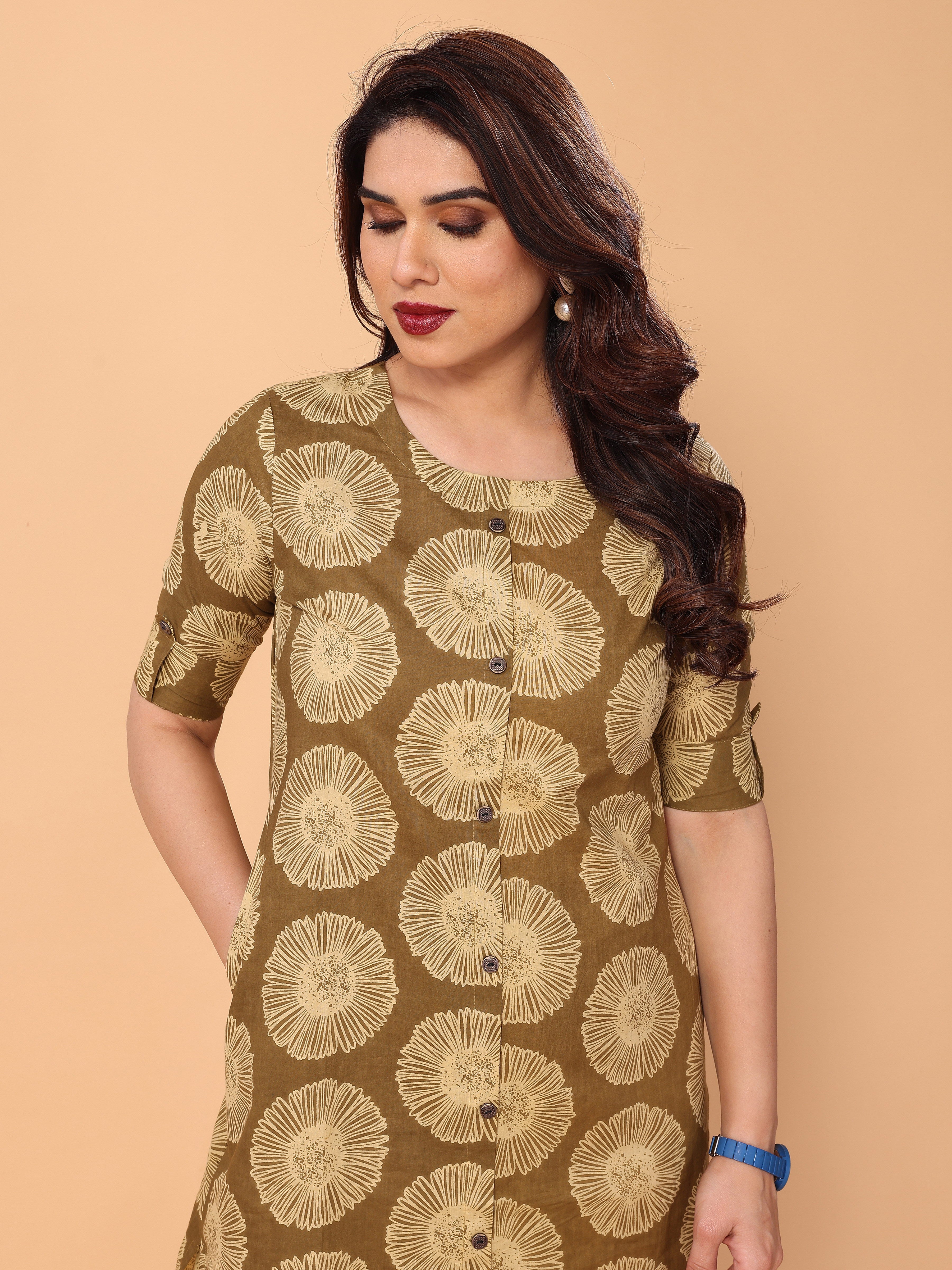 Brown Floral Printed Kurta Palazzo Set in Cotton
