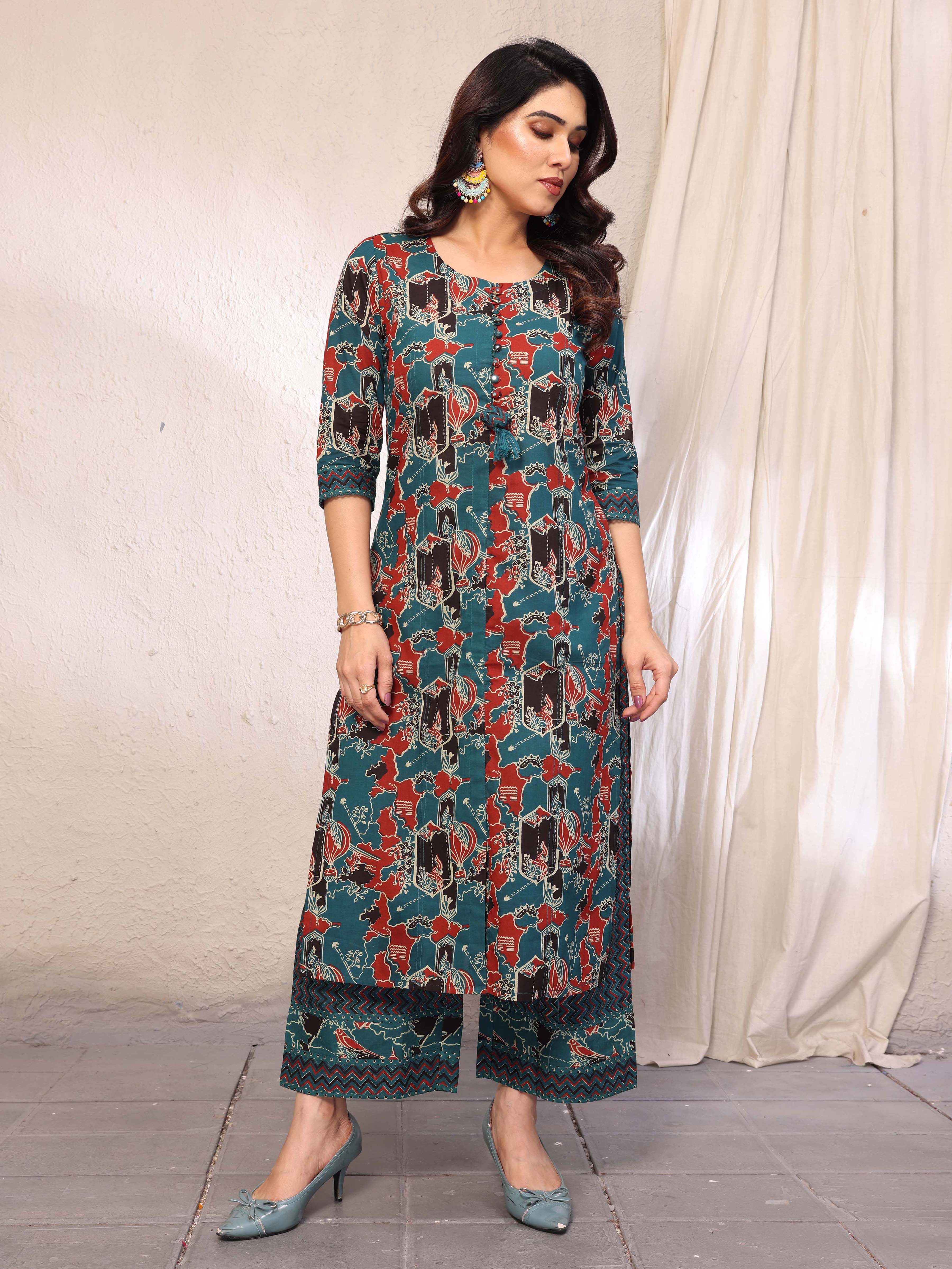 Cyan Blue Abstract Printed Three Quarter Sleeves Cotton Kurta with Palazzo
