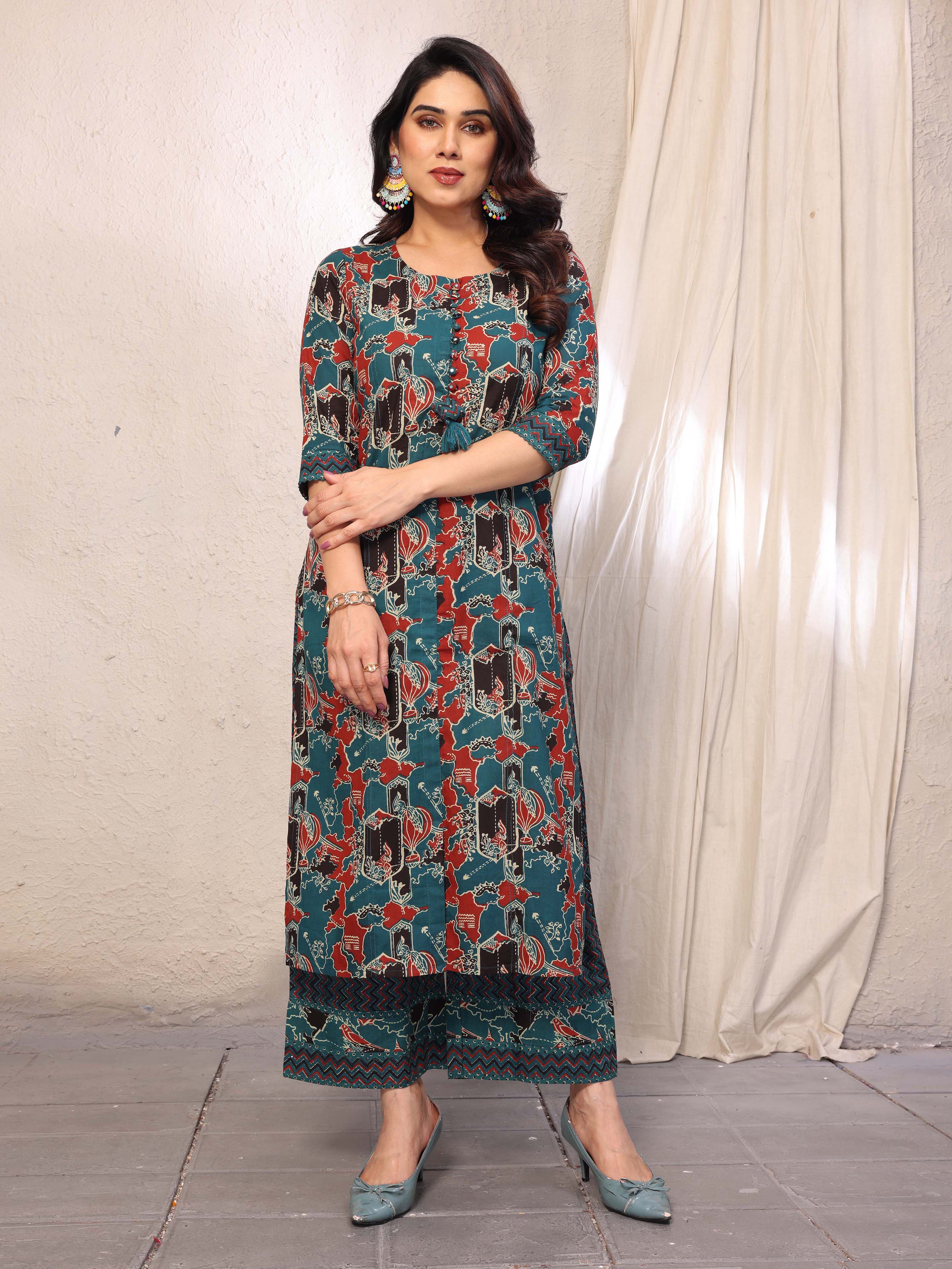 Cyan Blue Abstract Printed Three Quarter Sleeves Cotton Kurta with Palazzo