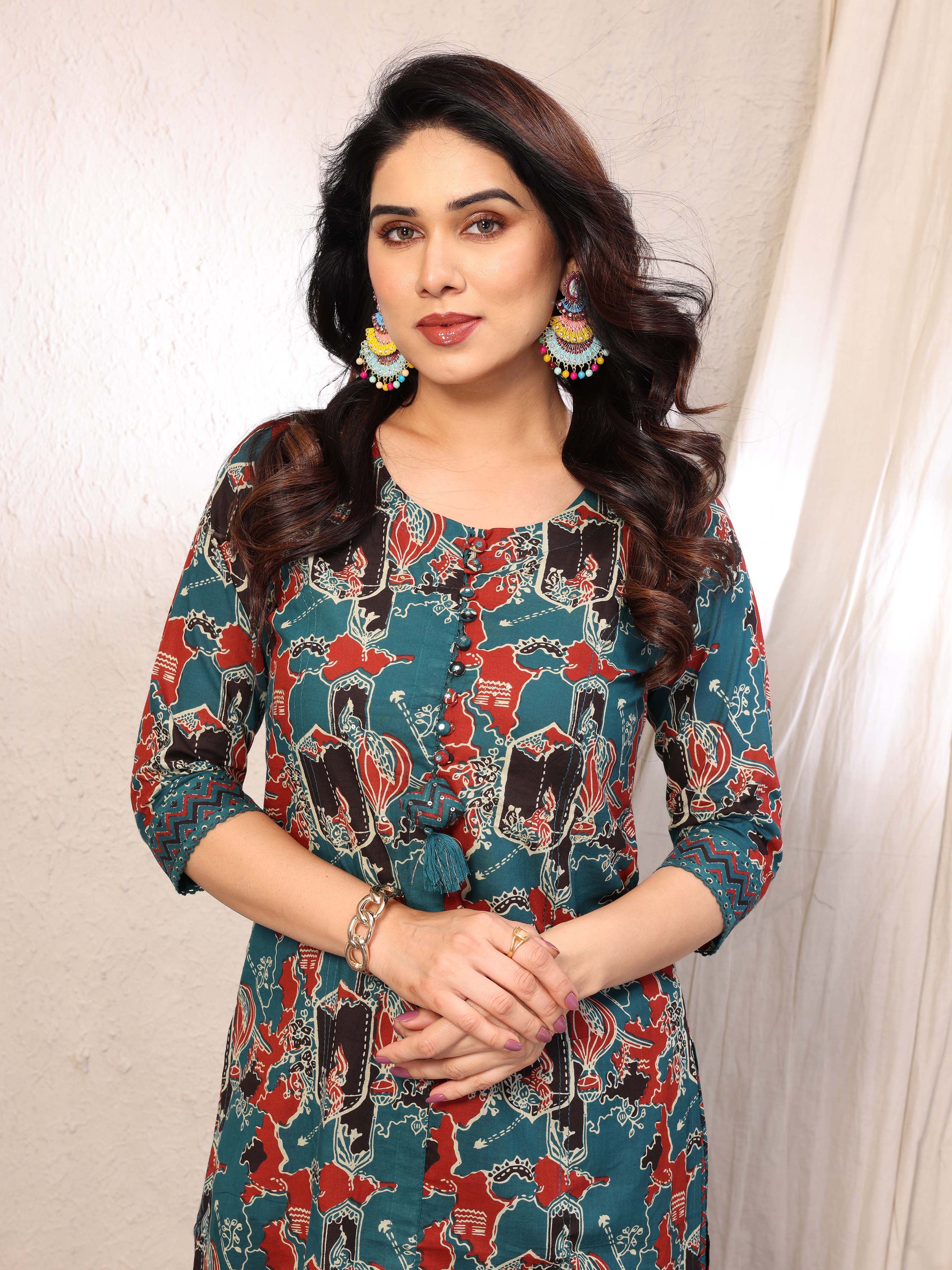 Cyan Blue Abstract Printed Three Quarter Sleeves Cotton Kurta with Palazzo