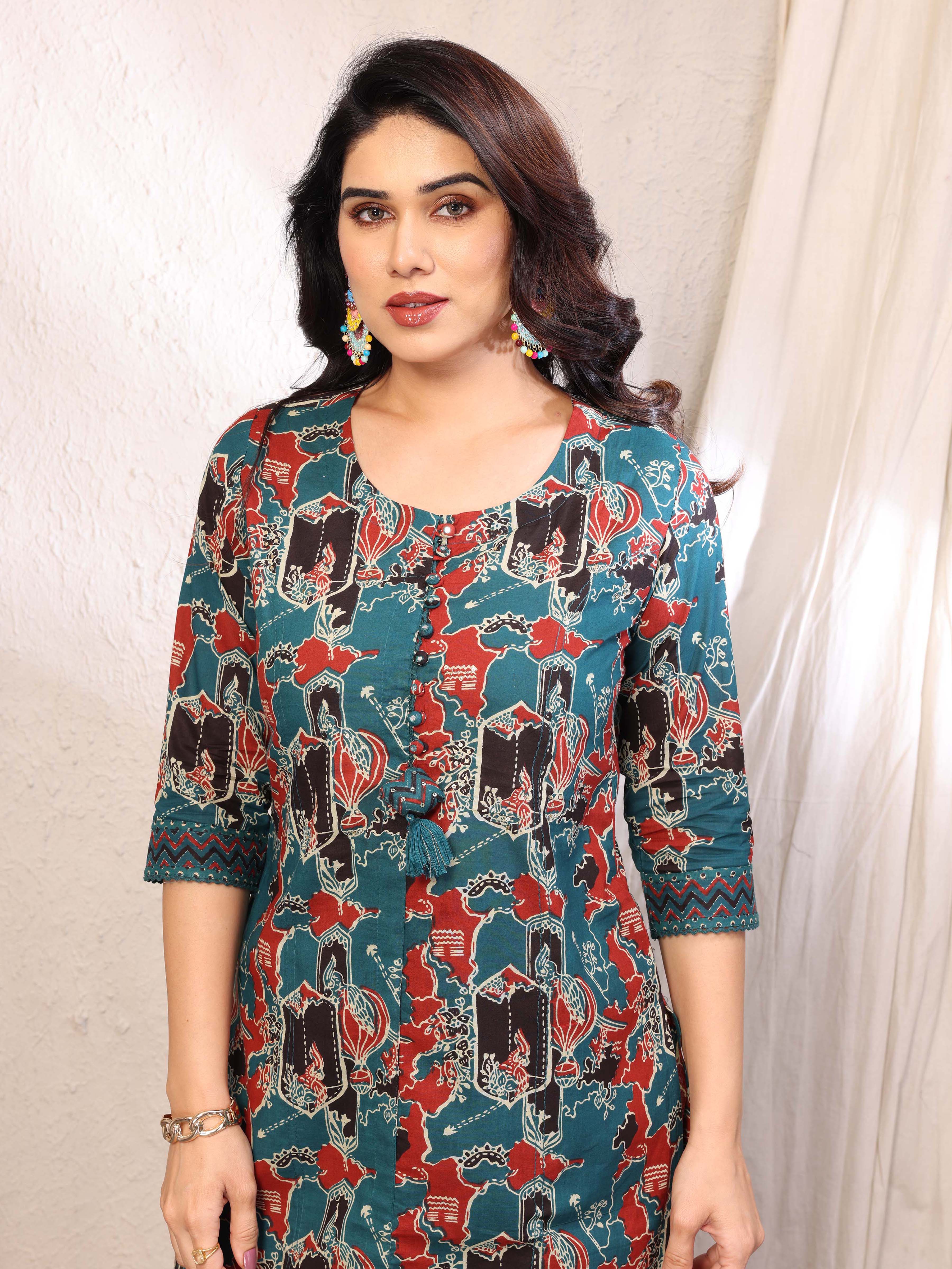 Cyan Blue Abstract Printed Three Quarter Sleeves Cotton Kurta with Palazzo