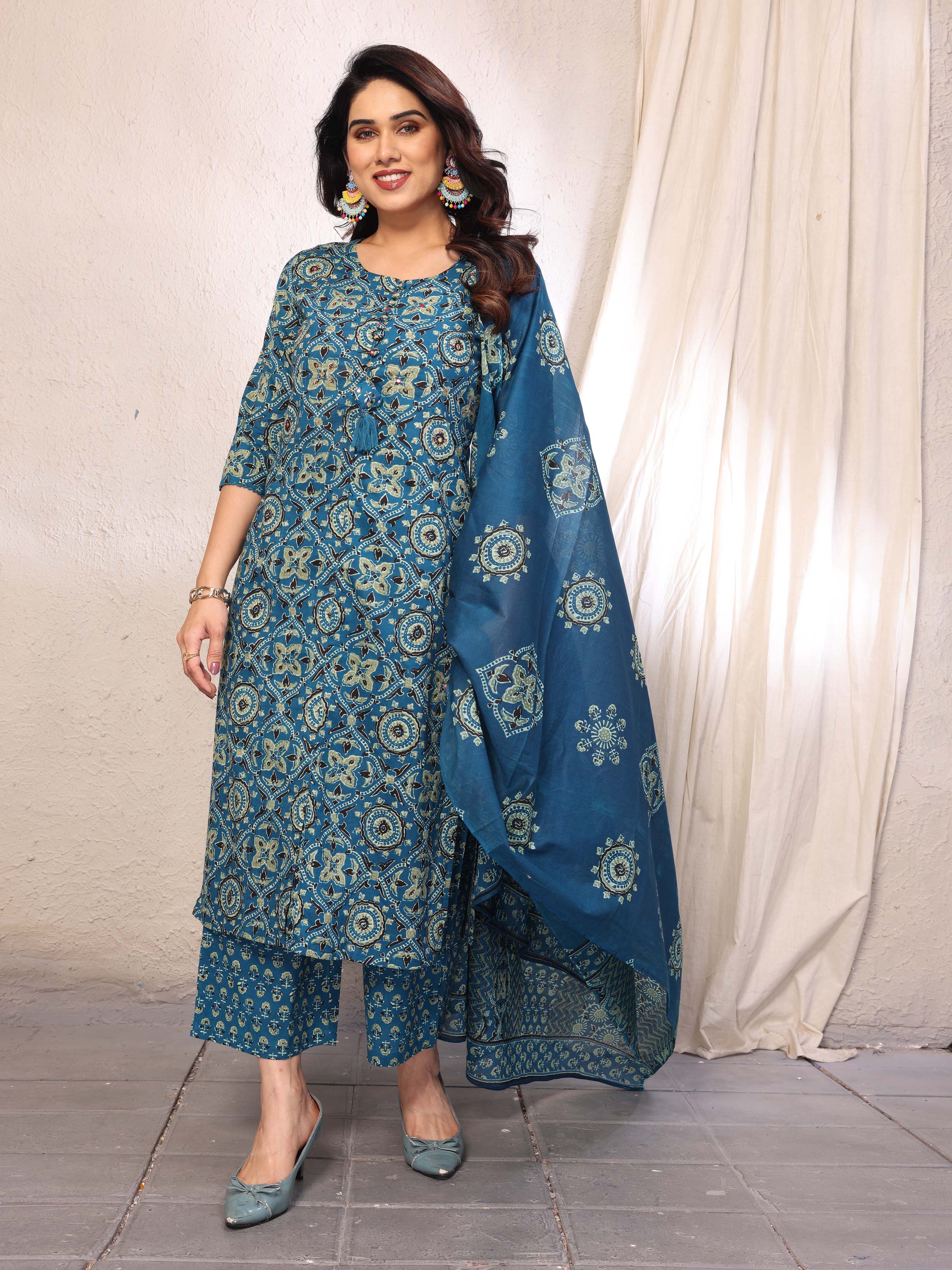Teal Blue Printed Straight Kurta Pant & Dupatta Set