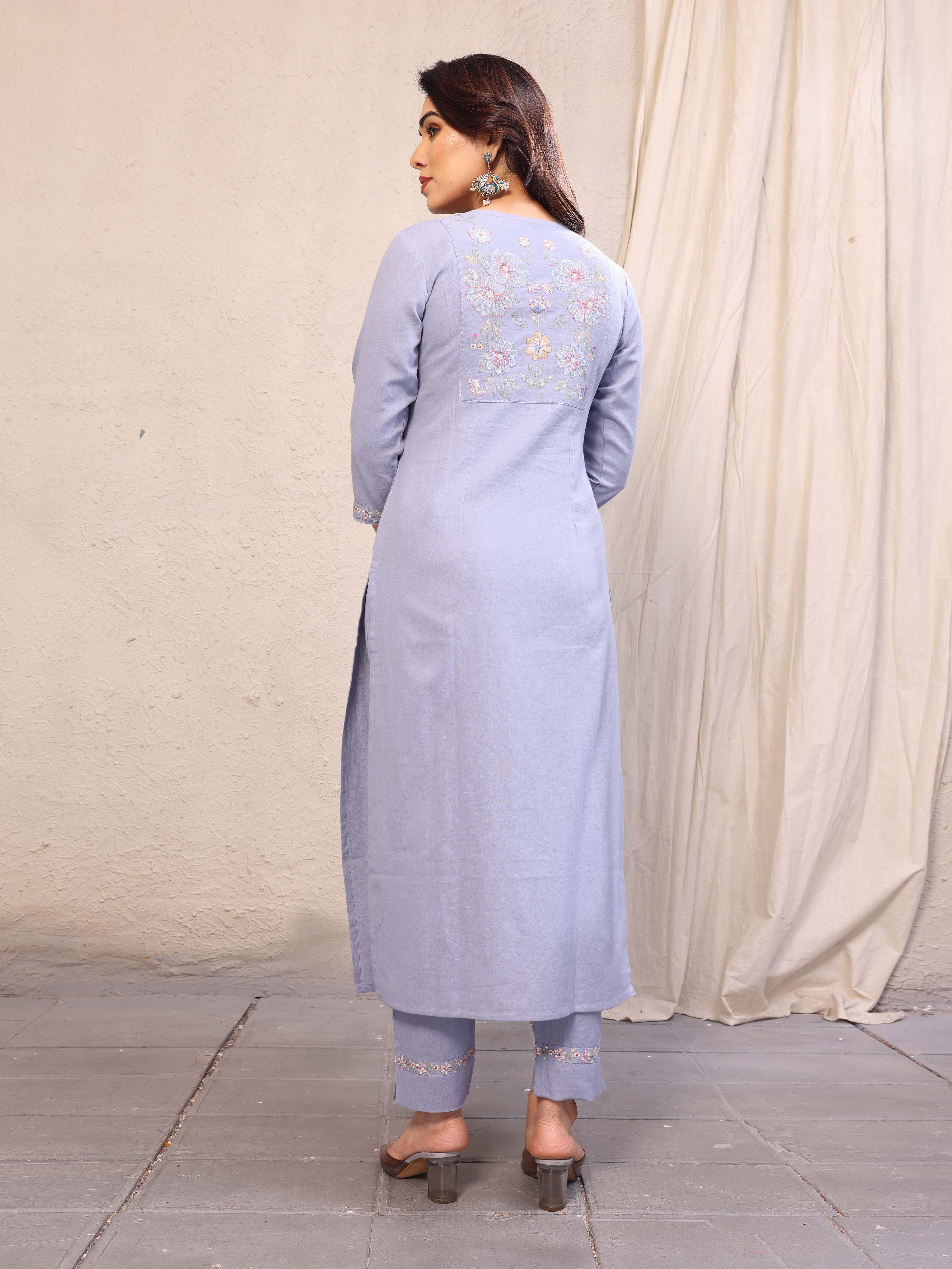 Light Blue Floral Embroidery Three Quarter Sleeves Cotton Kurta Pant Set