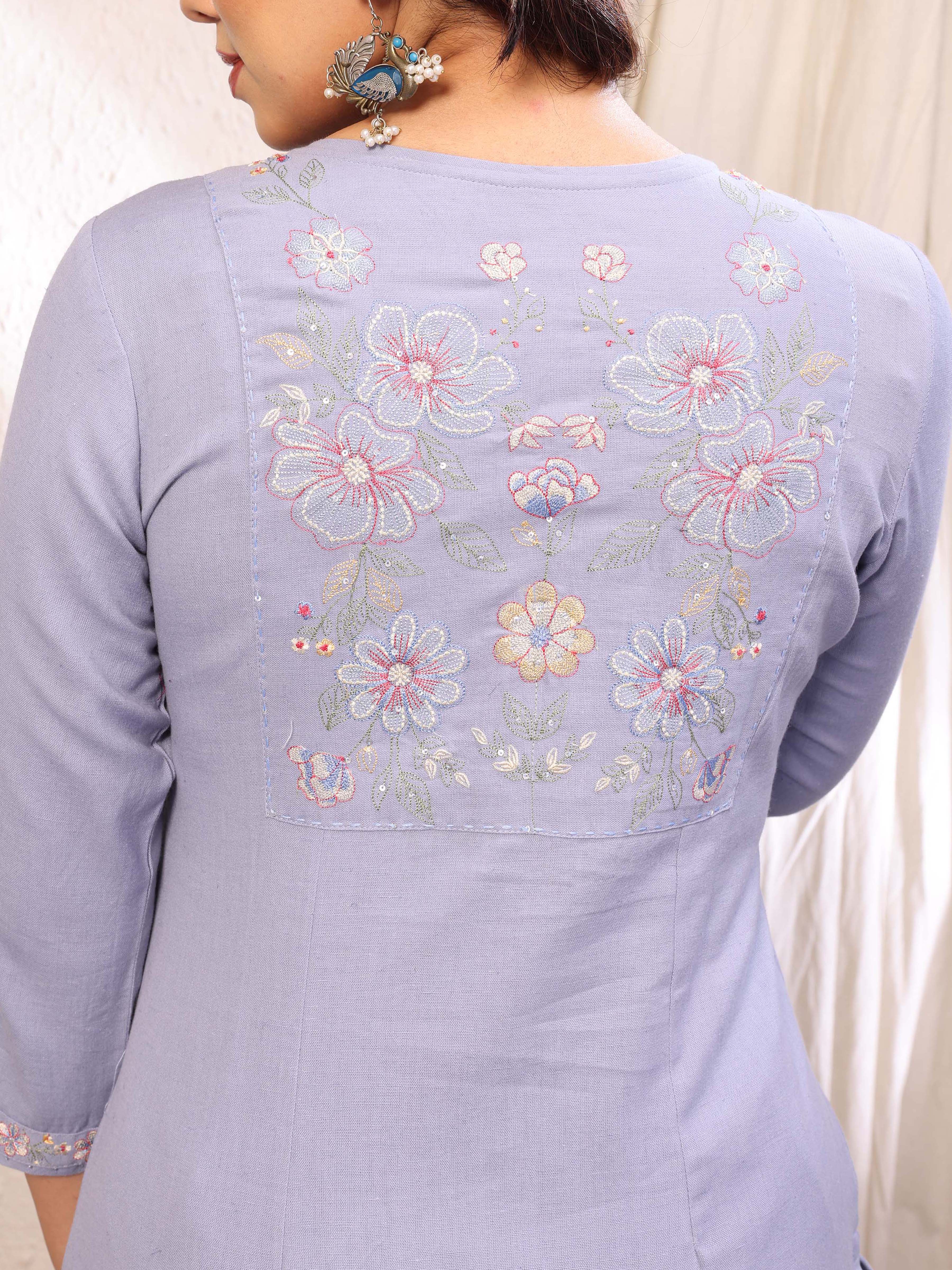 Light Blue Floral Embroidery Three Quarter Sleeves Cotton Kurta Pant Set
