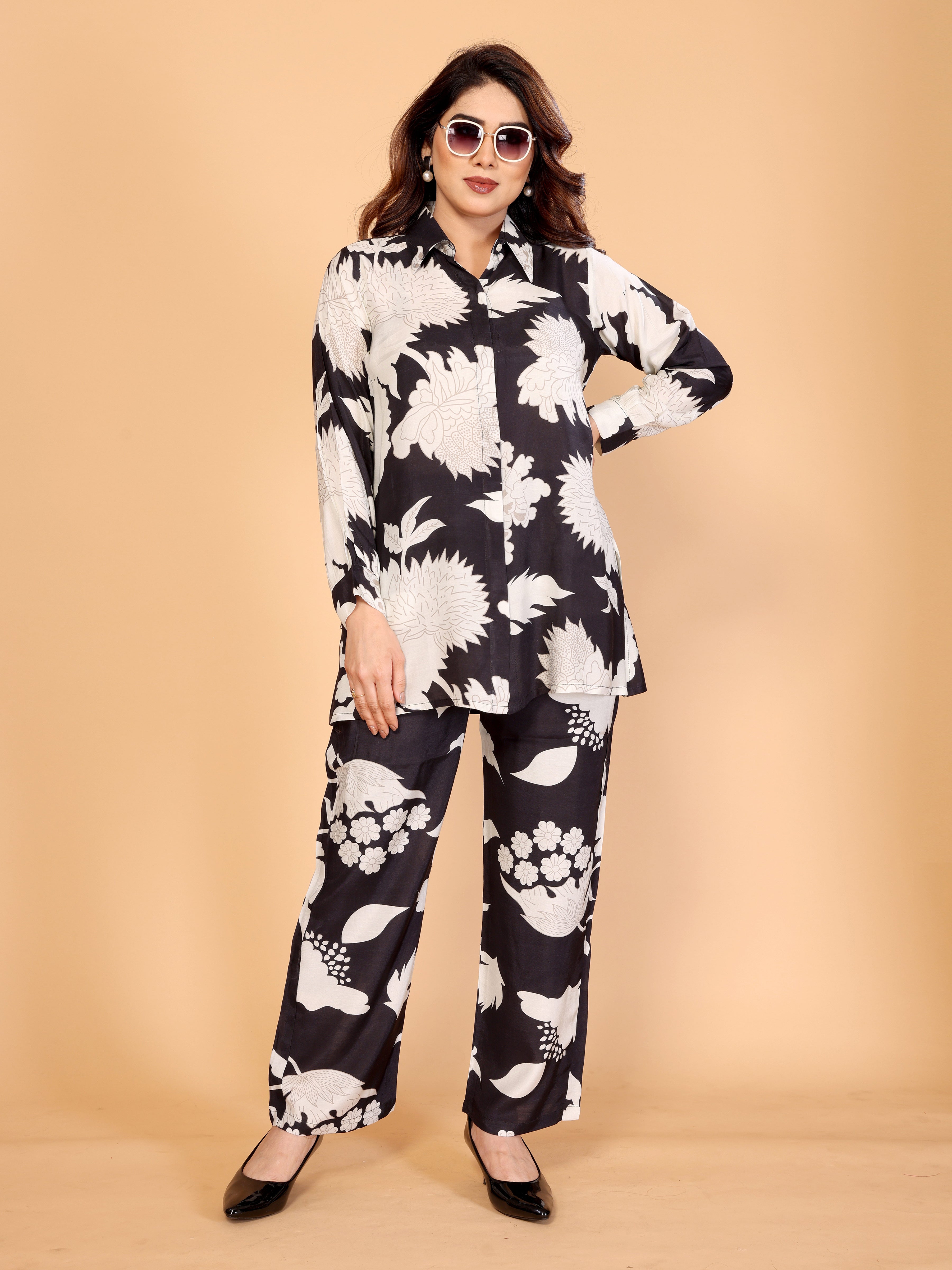 Elegant Black & White Floral Printed Co-Ord Set