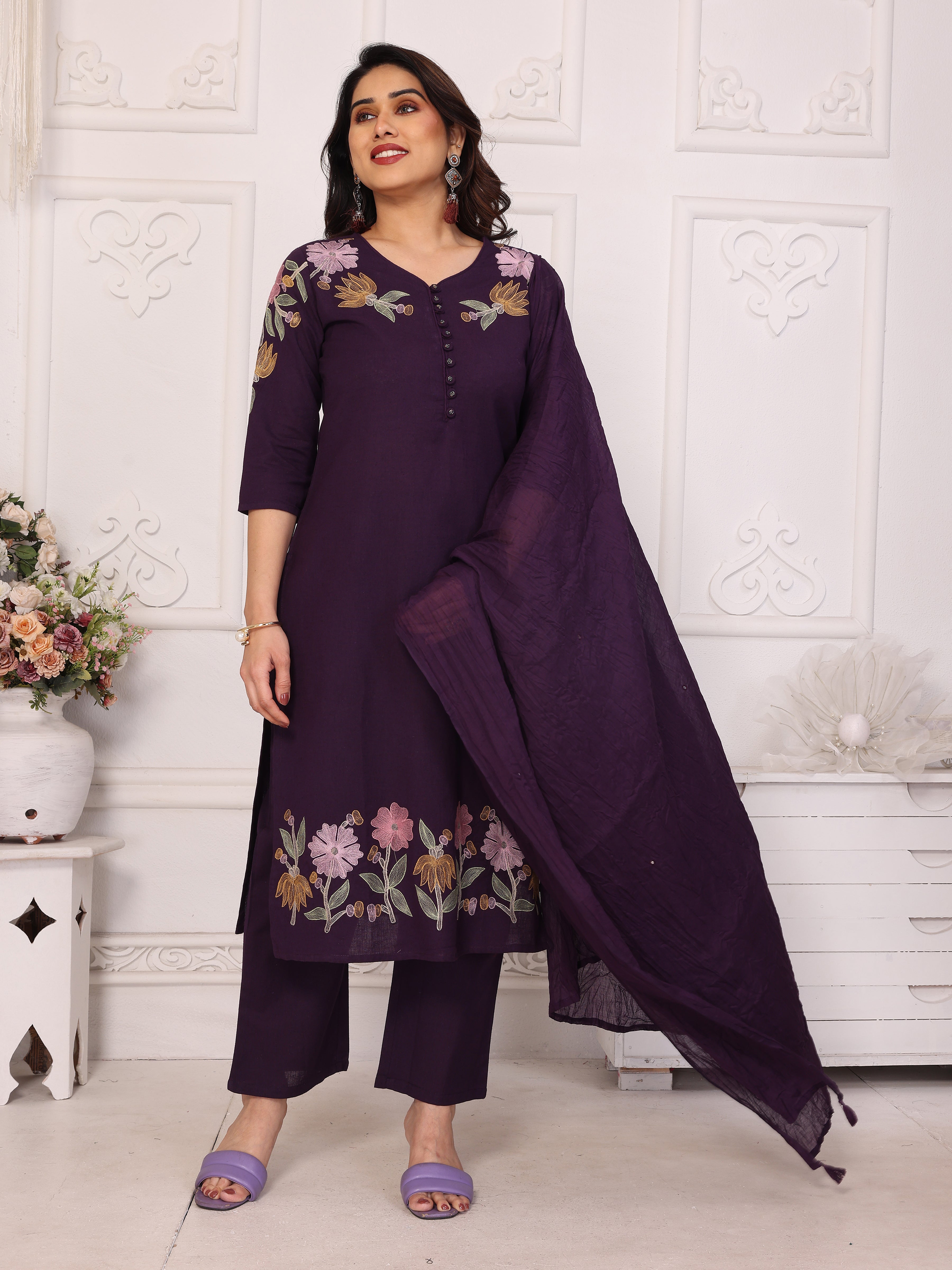 Purple Floral Embroidered Straight Kurta Pant & Dupatta Set