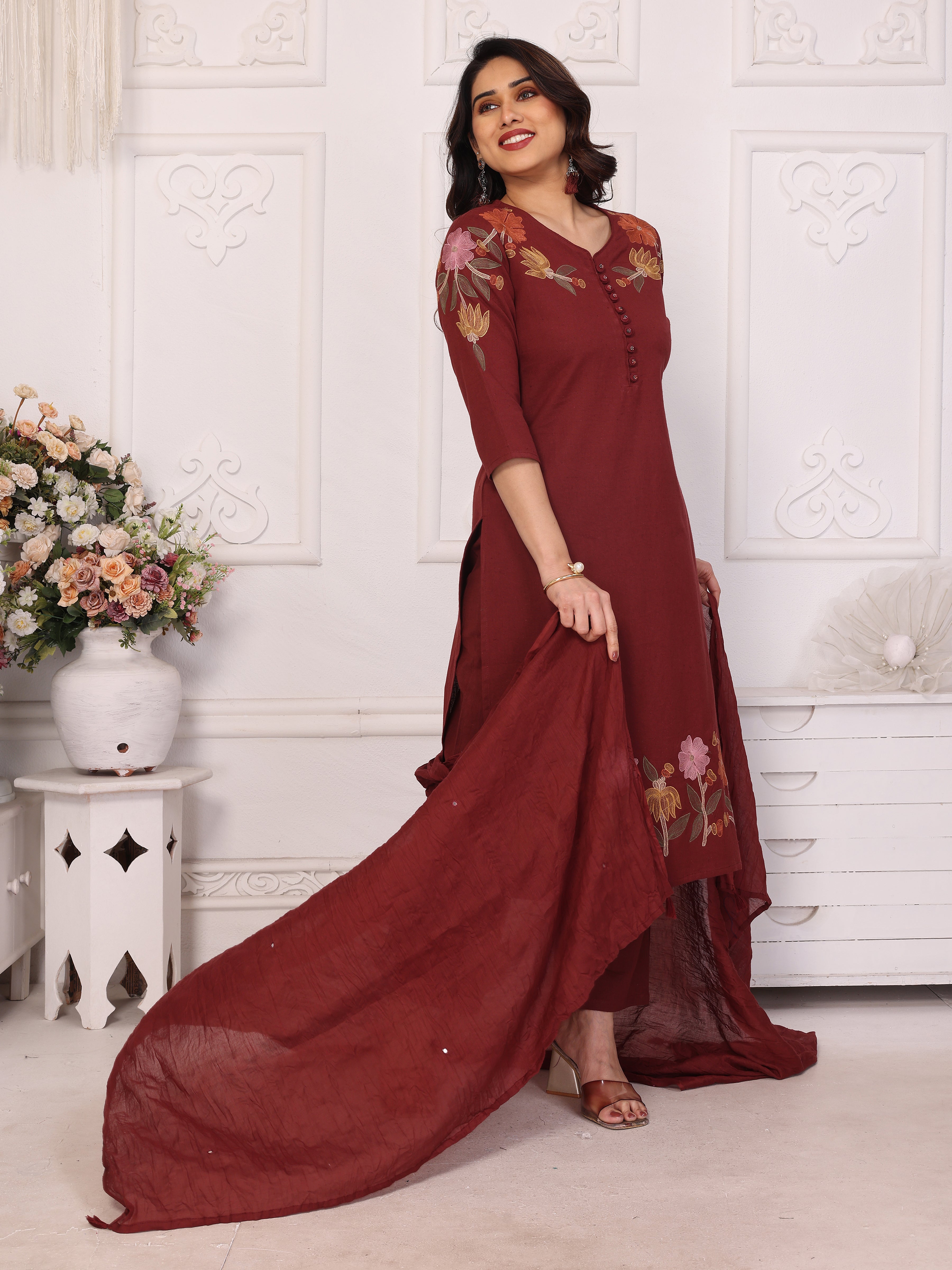 Maroon Floral Embroidered Straight Kurta Pant & Dupatta Set