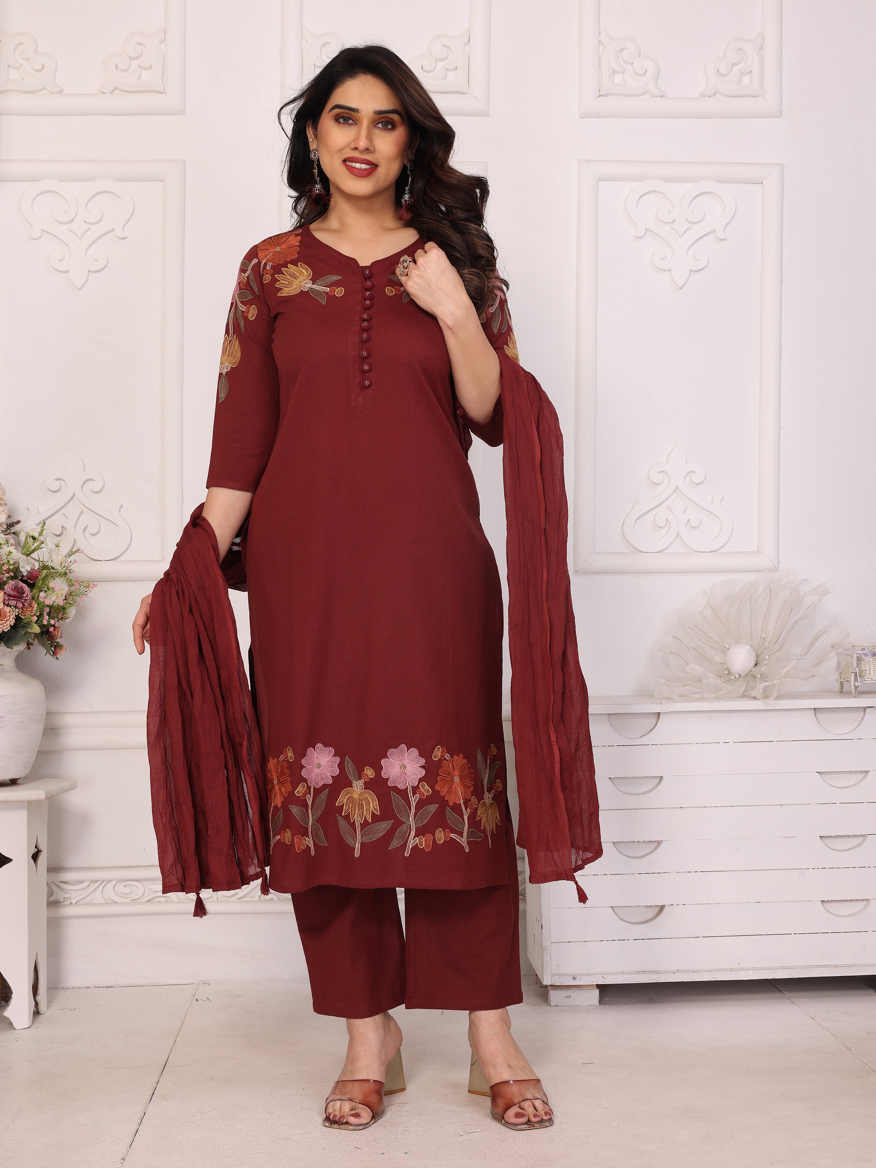 Maroon Floral Embroidered Straight Kurta Pant & Dupatta Set