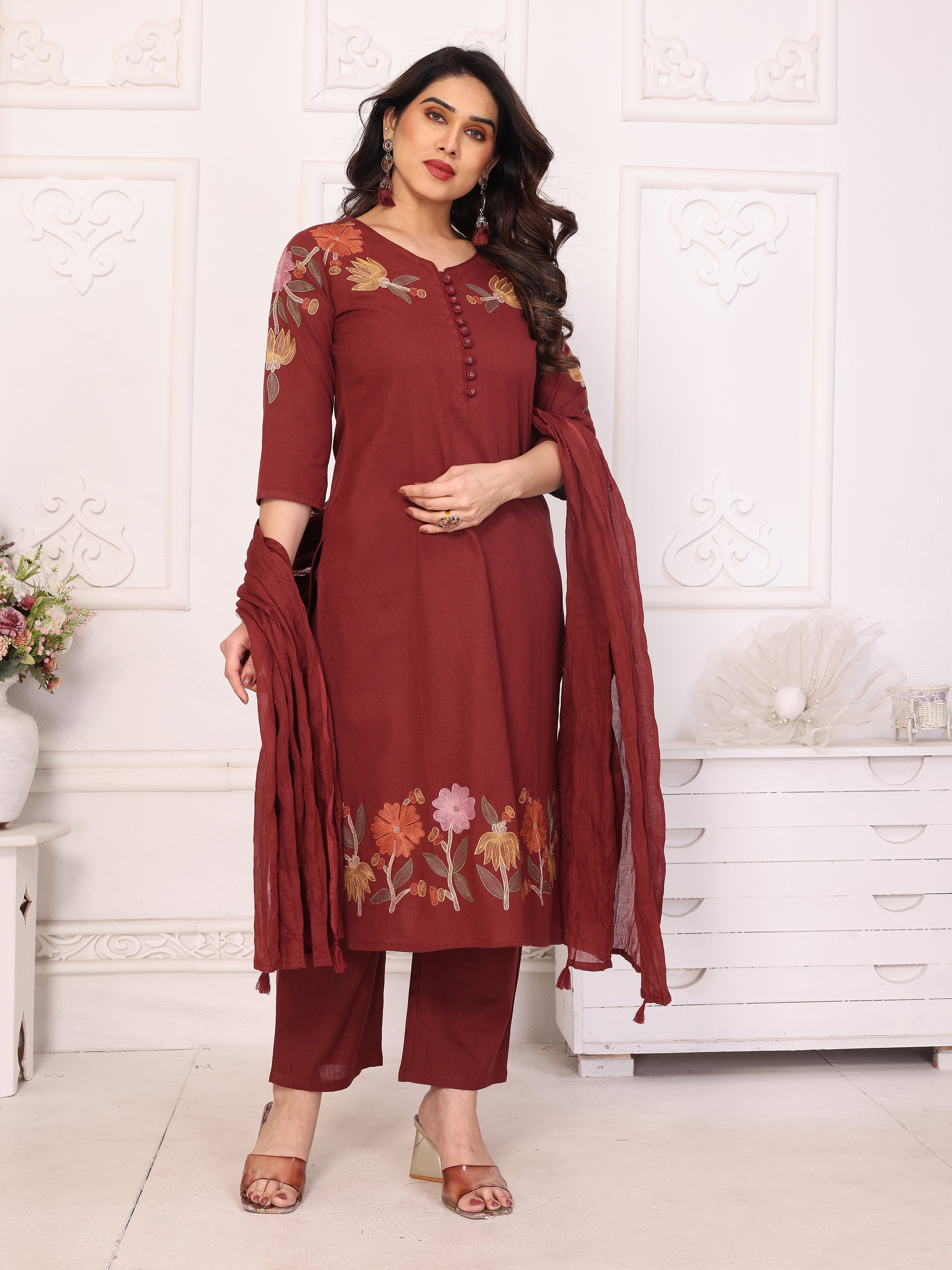 Maroon Floral Embroidered Straight Kurta Pant & Dupatta Set