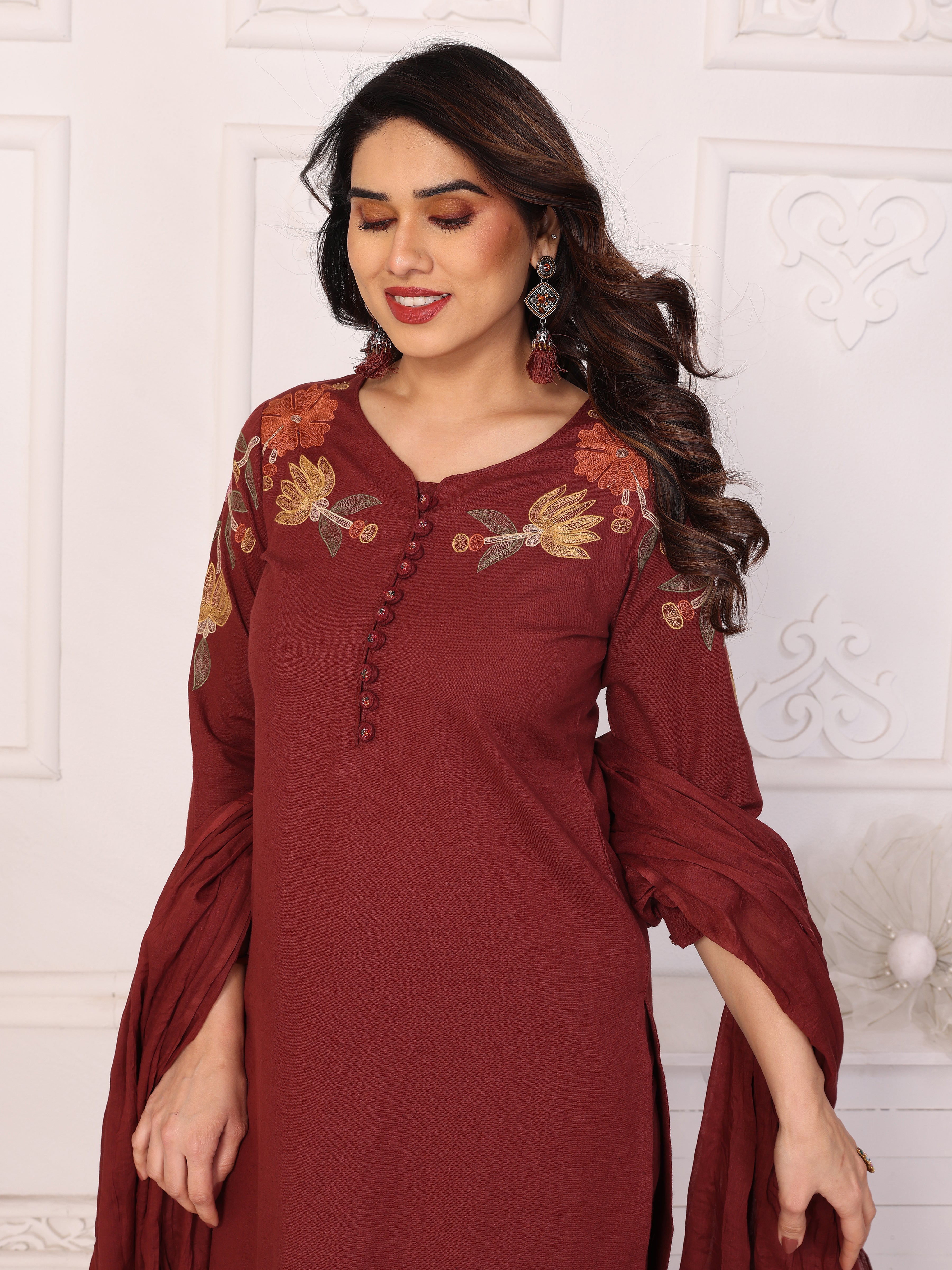 Maroon Floral Embroidered Straight Kurta Pant & Dupatta Set