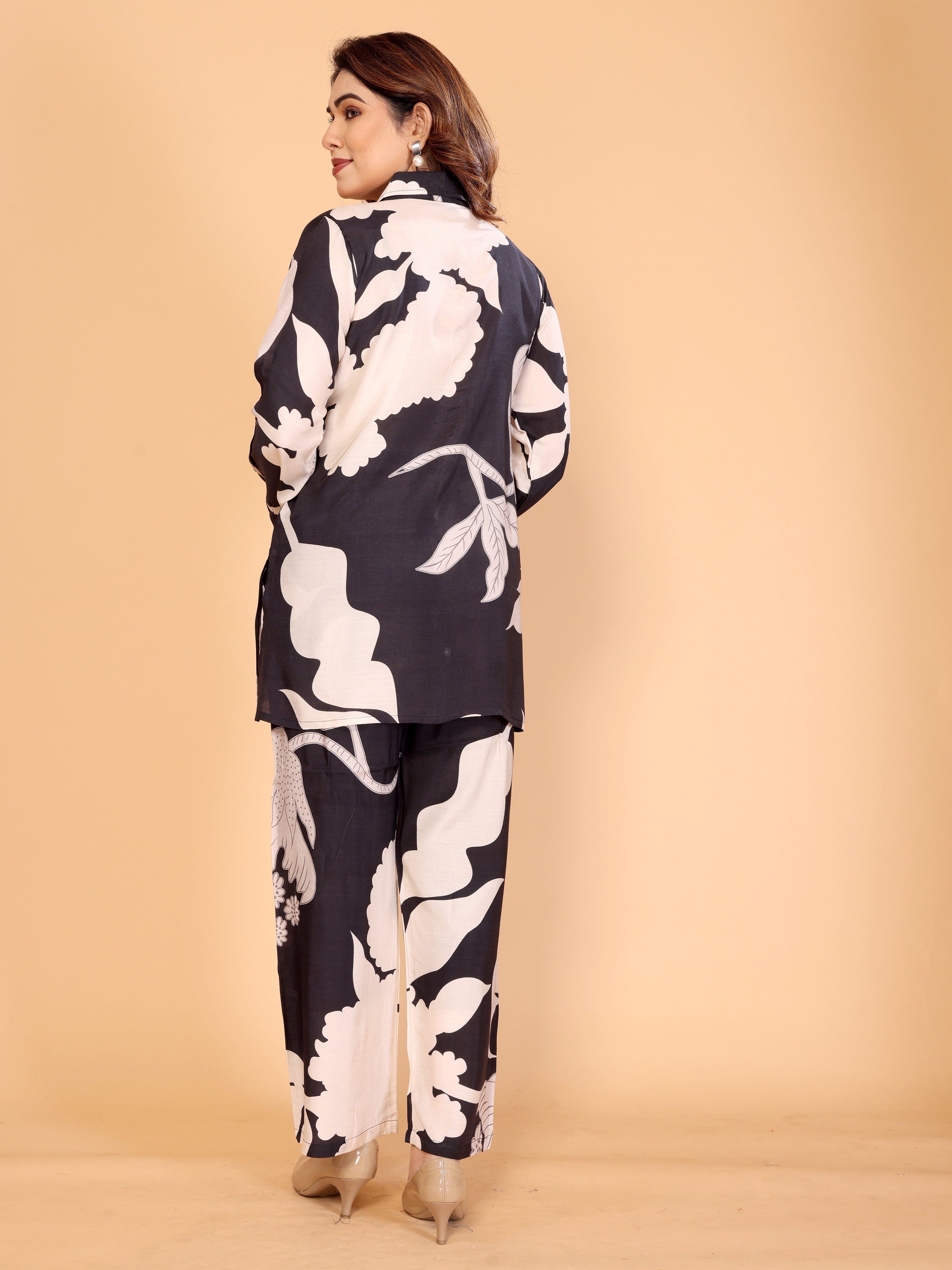 Black & Beige Floral Co-Ord Set – Shirt & Pants