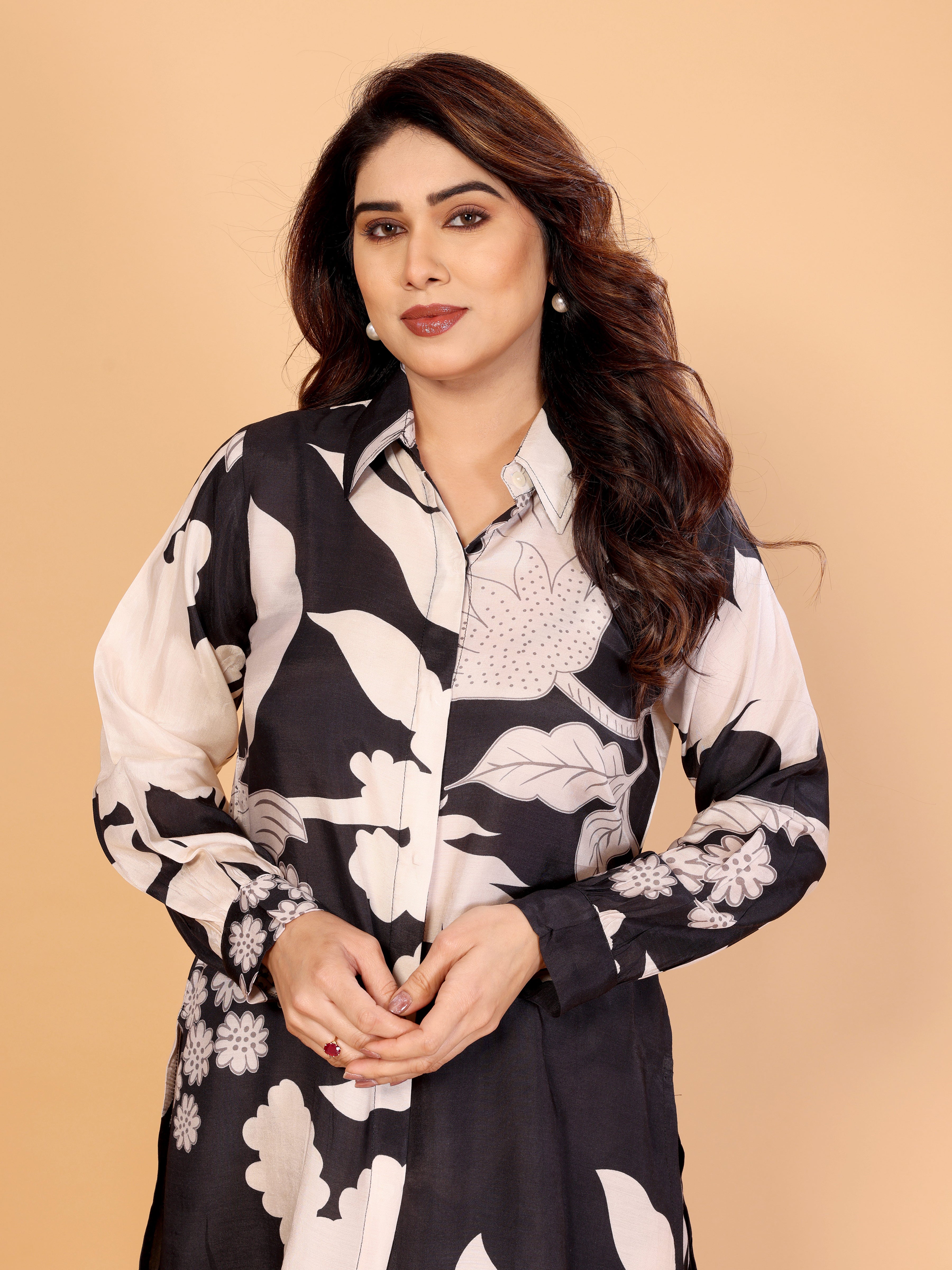 Black & Beige Floral Co-Ord Set – Shirt & Pants