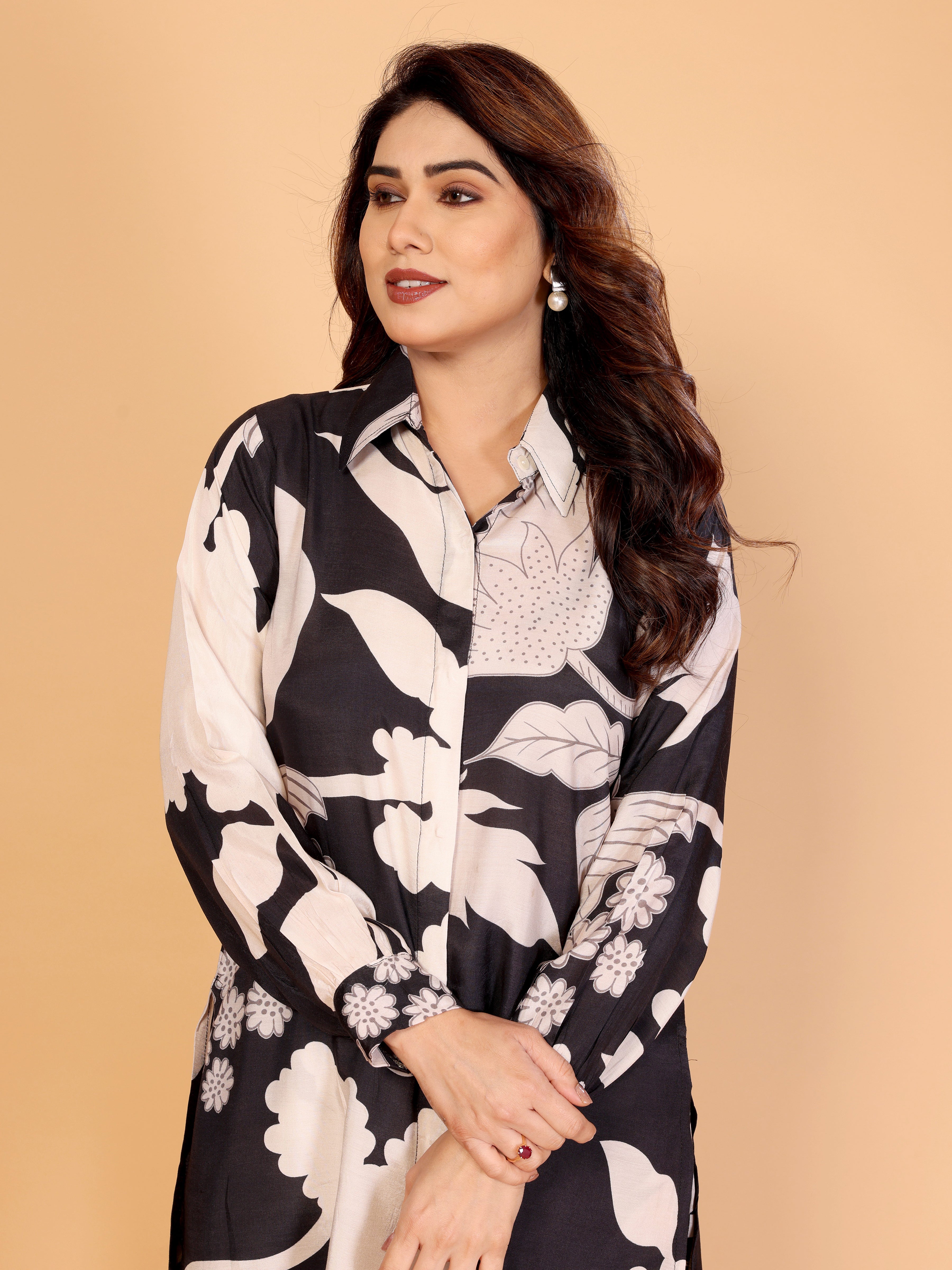 Black & Beige Floral Co-Ord Set – Shirt & Pants