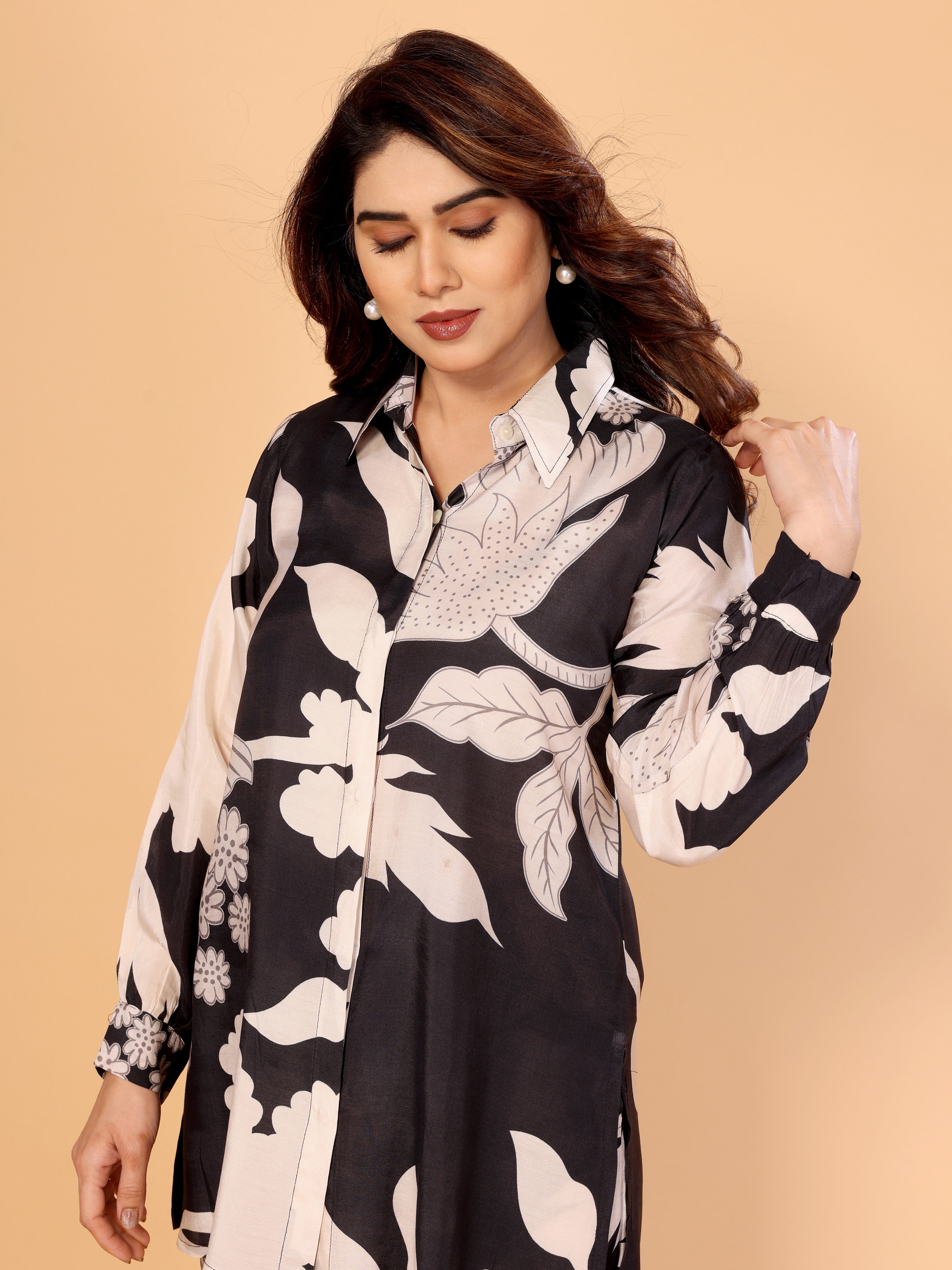 Black & Beige Floral Co-Ord Set – Shirt & Pants