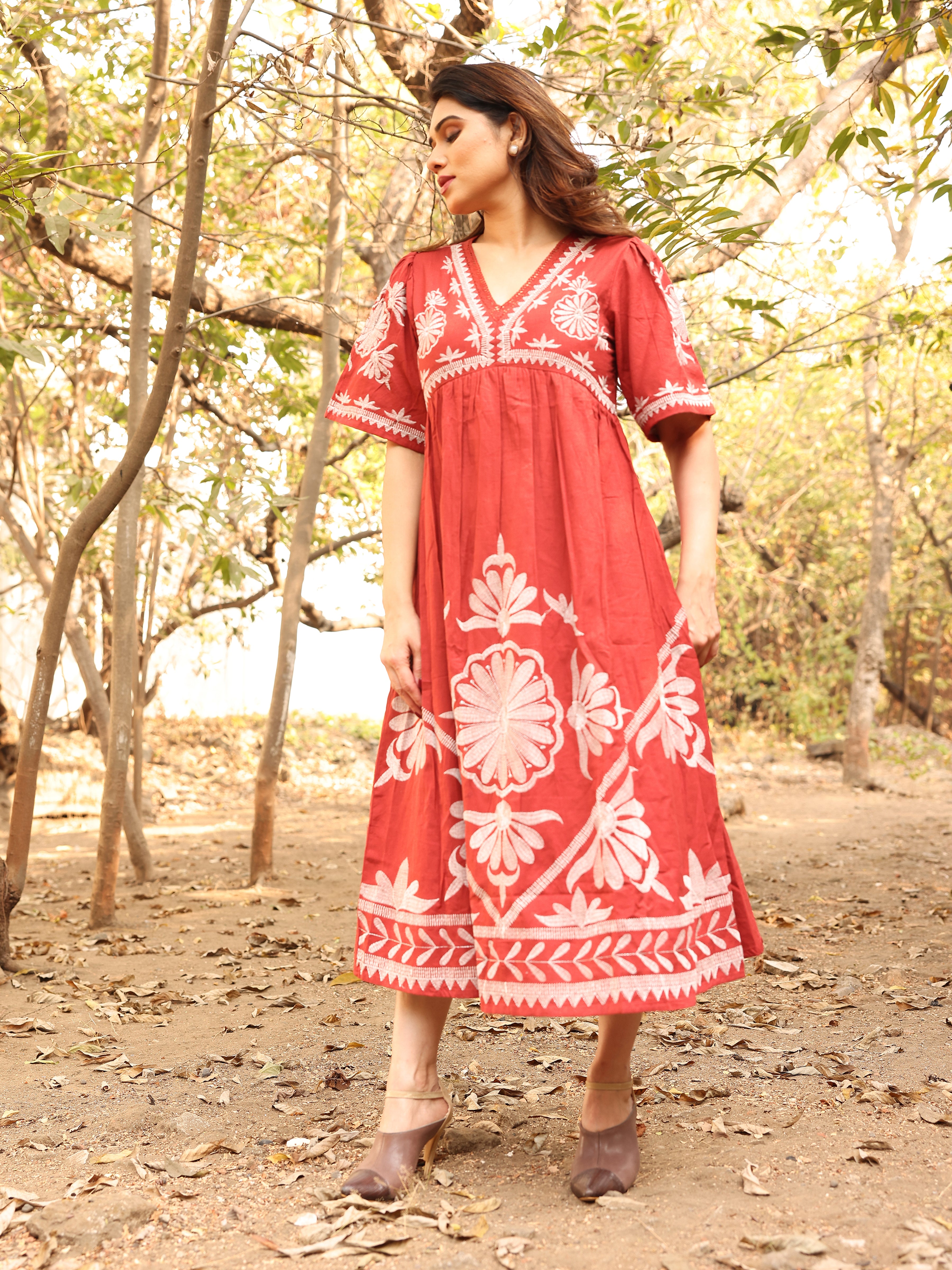 Rust Orange Floral Thread Work Embroidery Gown One Piece Dress