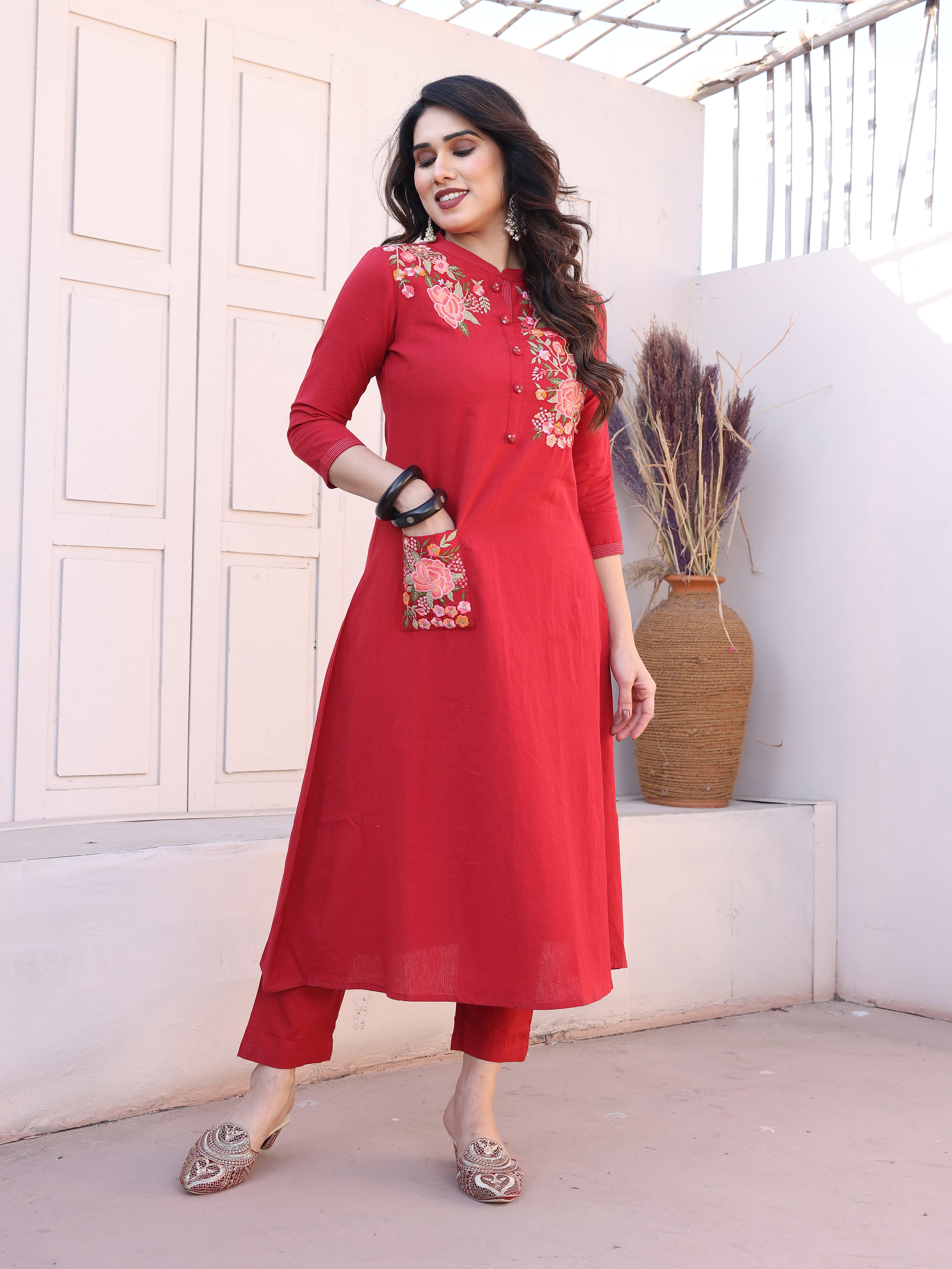 Red Floral Embroidery Straight Kurta with Trousers