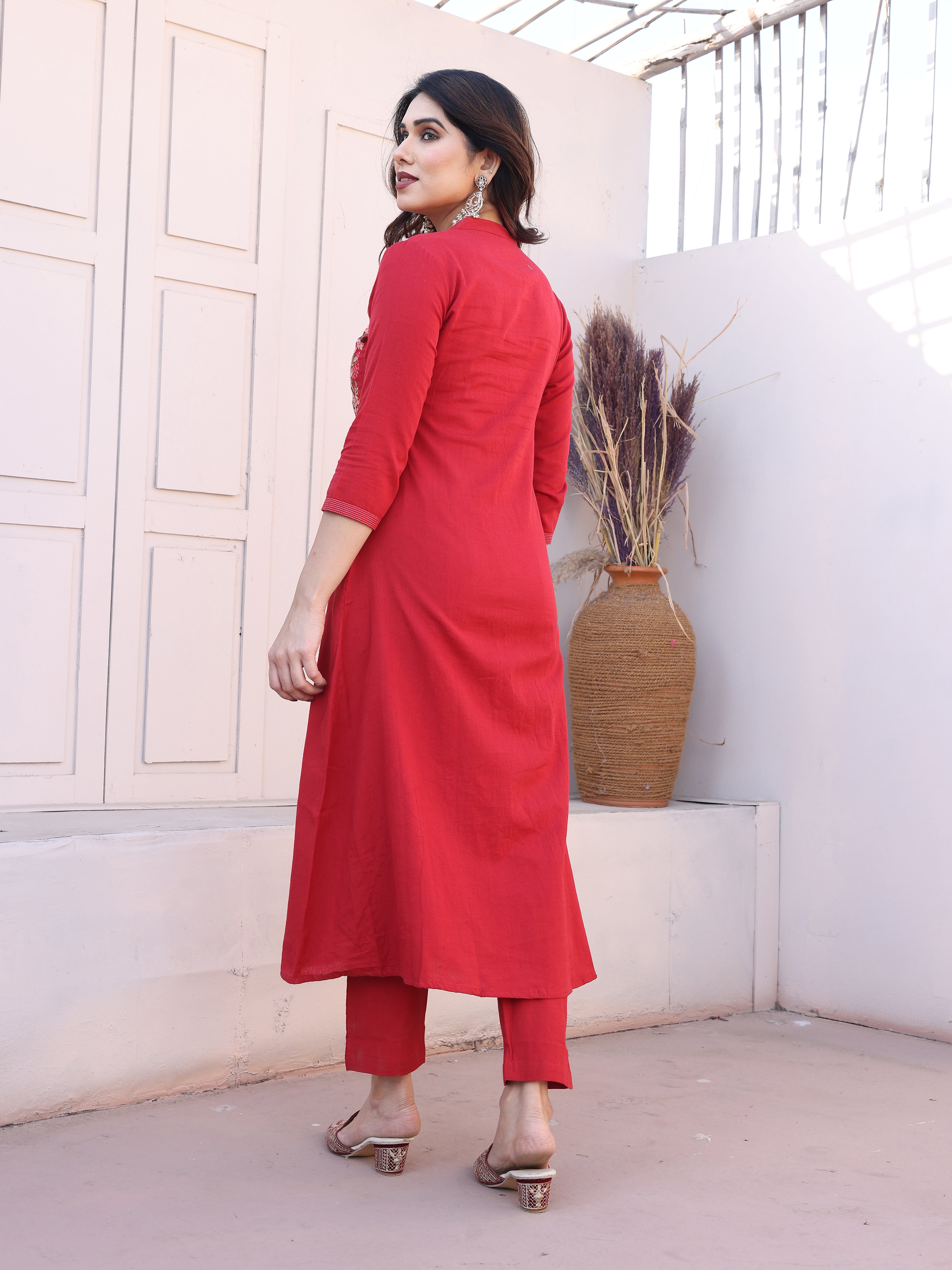 Red Floral Embroidery Straight Kurta with Trousers