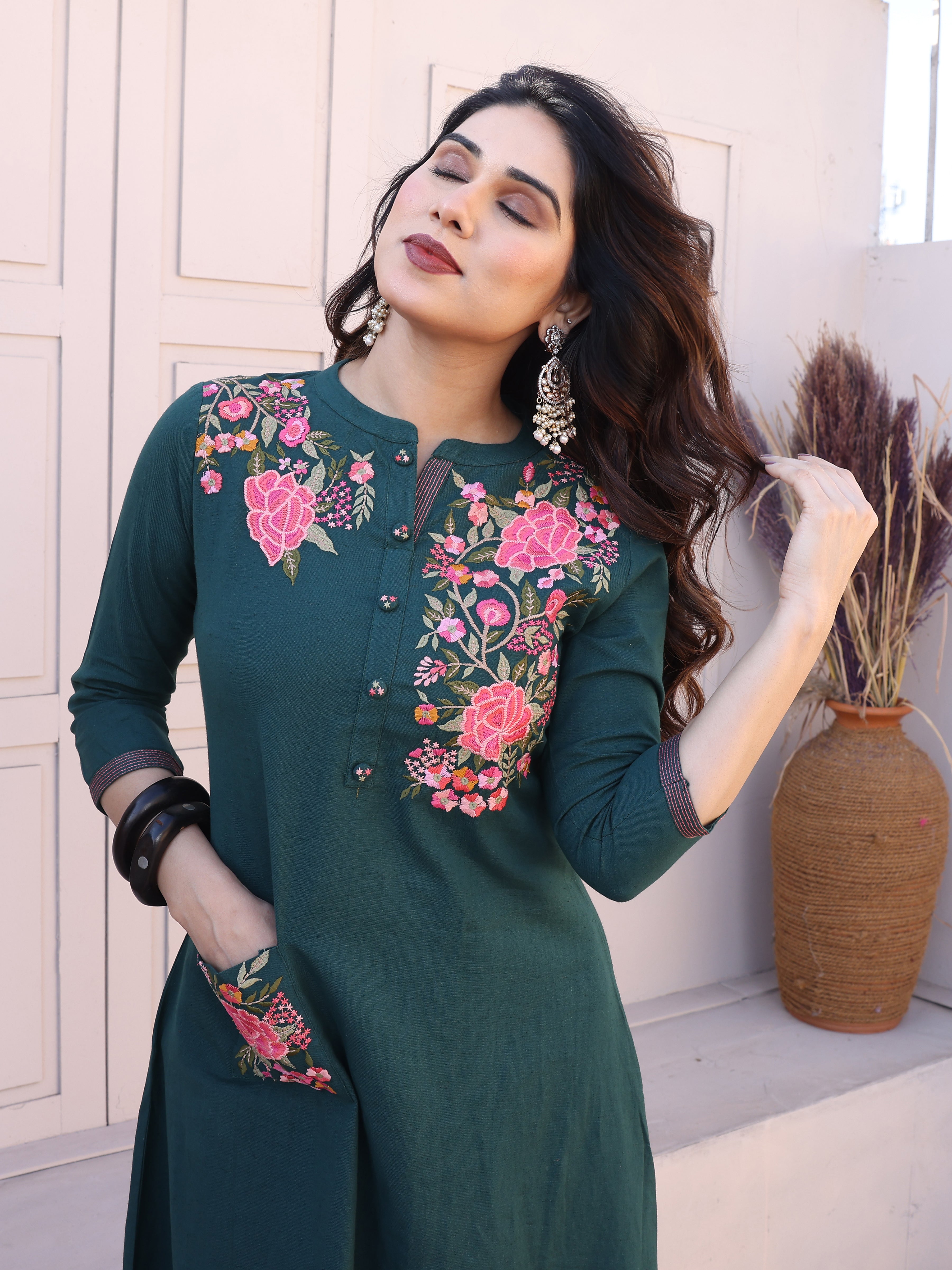 Cyan Blue Floral Embroidery Straight Kurta with Trousers