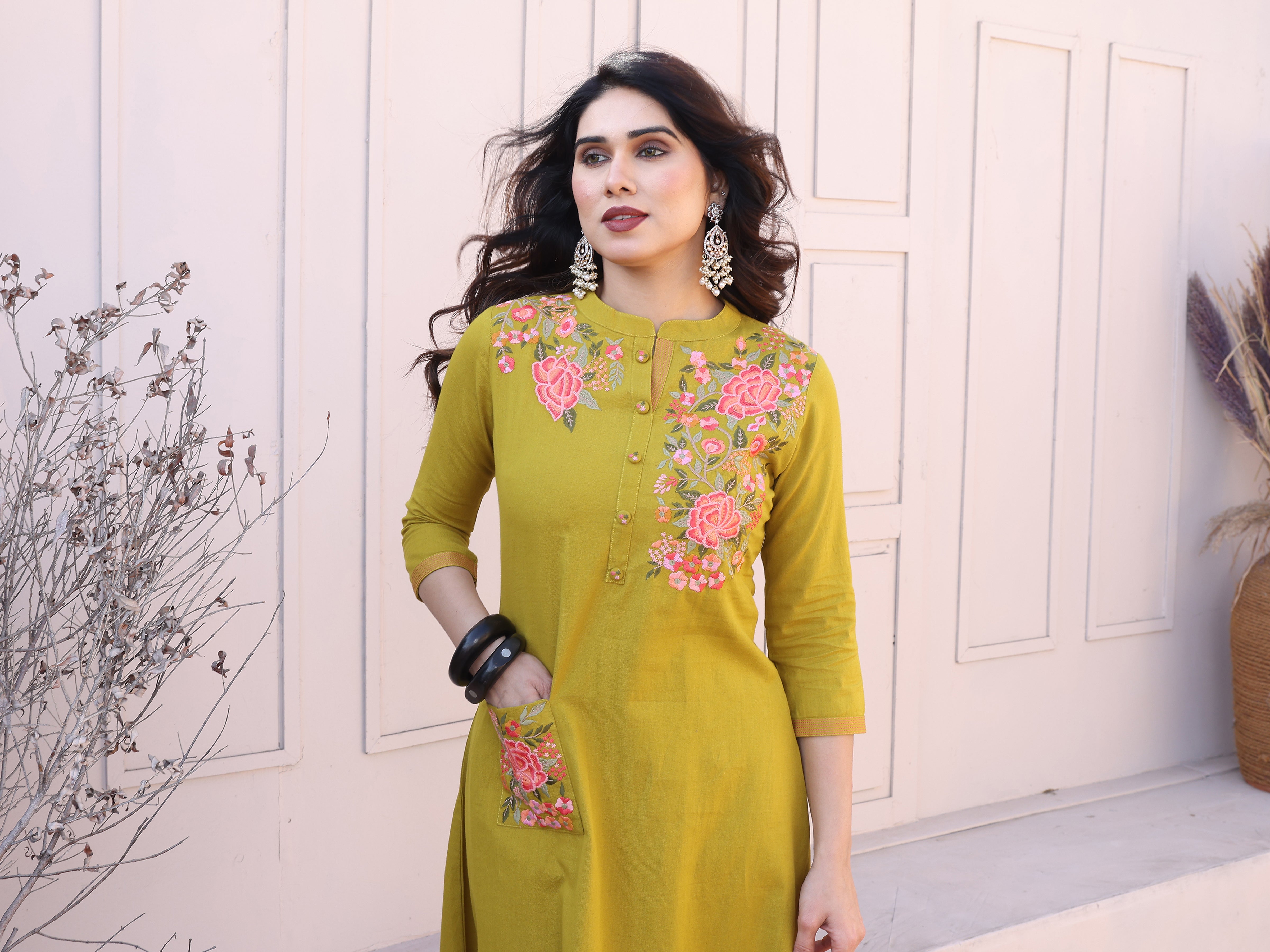 Olive Green Floral Embroidery Straight Kurta with Trousers
