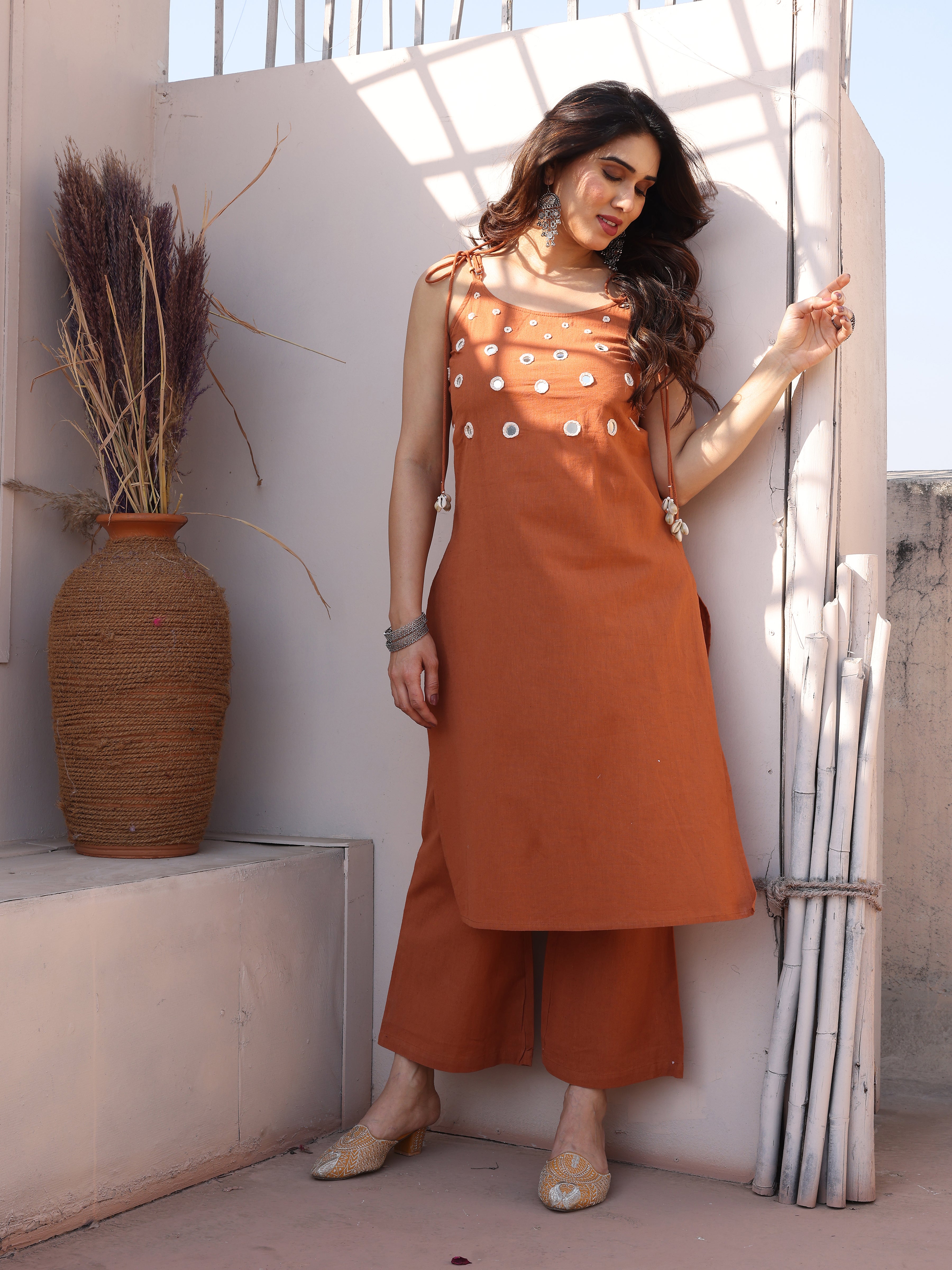 Brown Mirror Patch Work Embroidery Kurta Pant Set