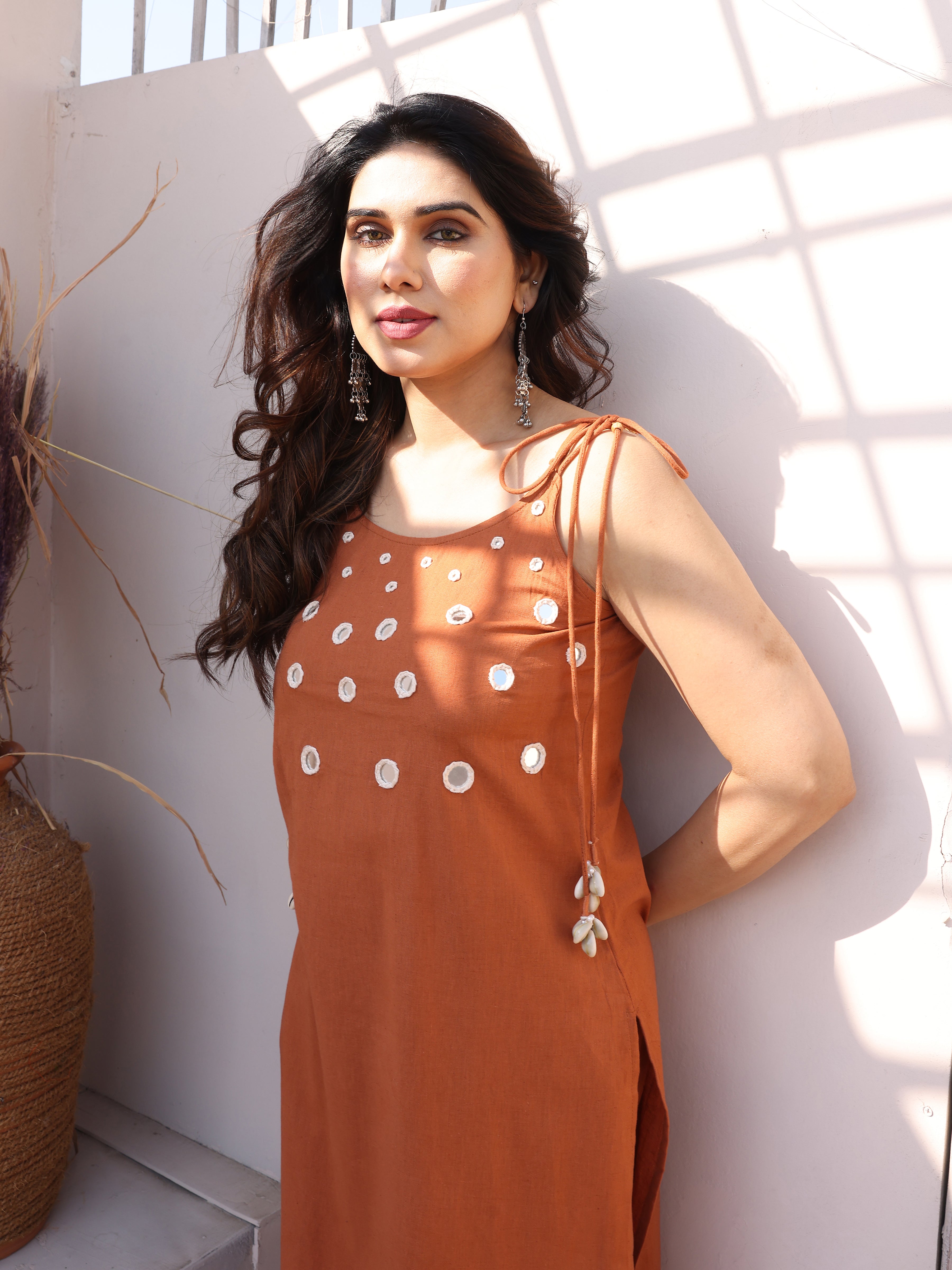 Brown Mirror Patch Work Embroidery Kurta Pant Set