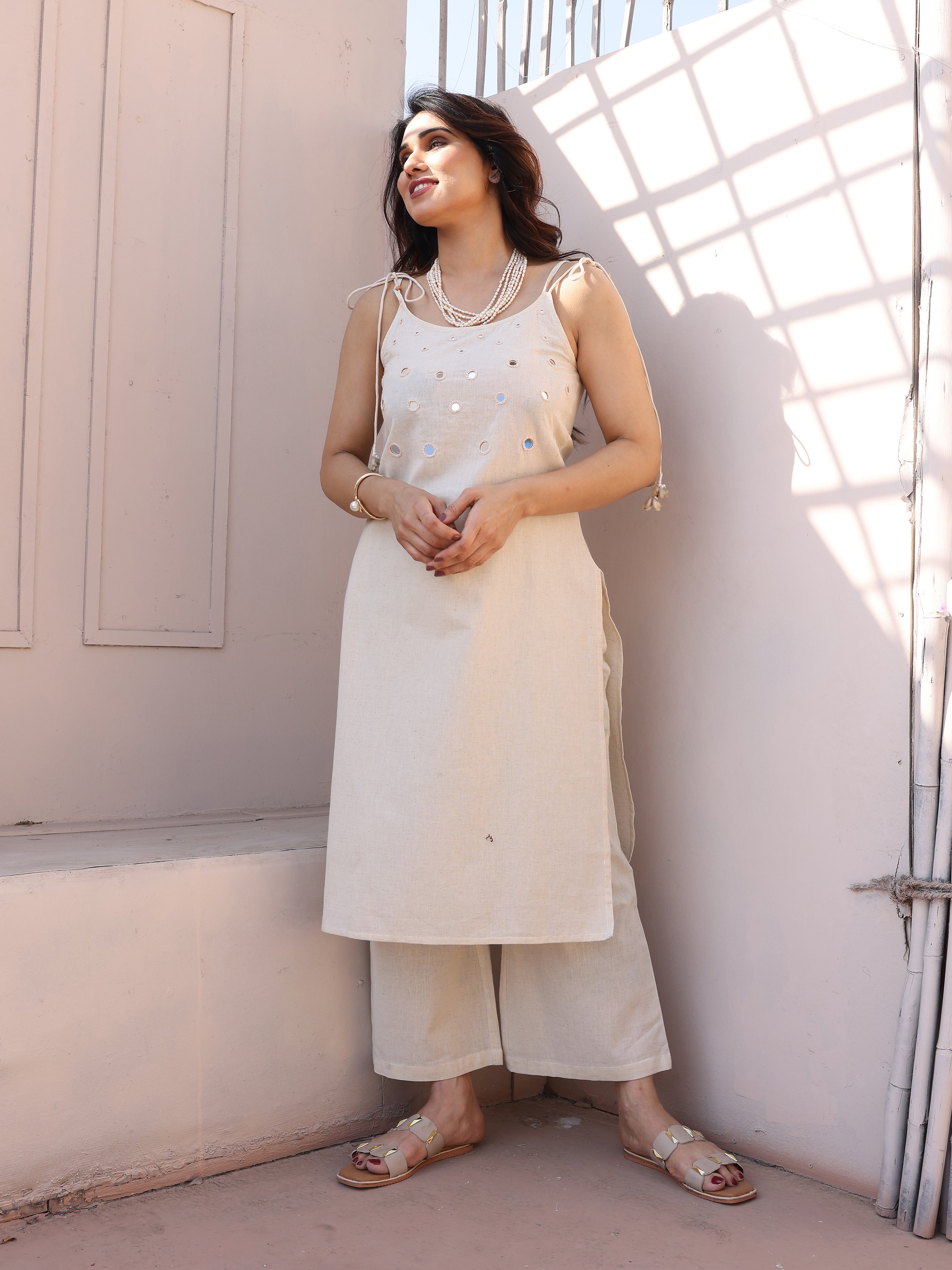 White Mirror Patch Work Embroidery Kurta Pant Set