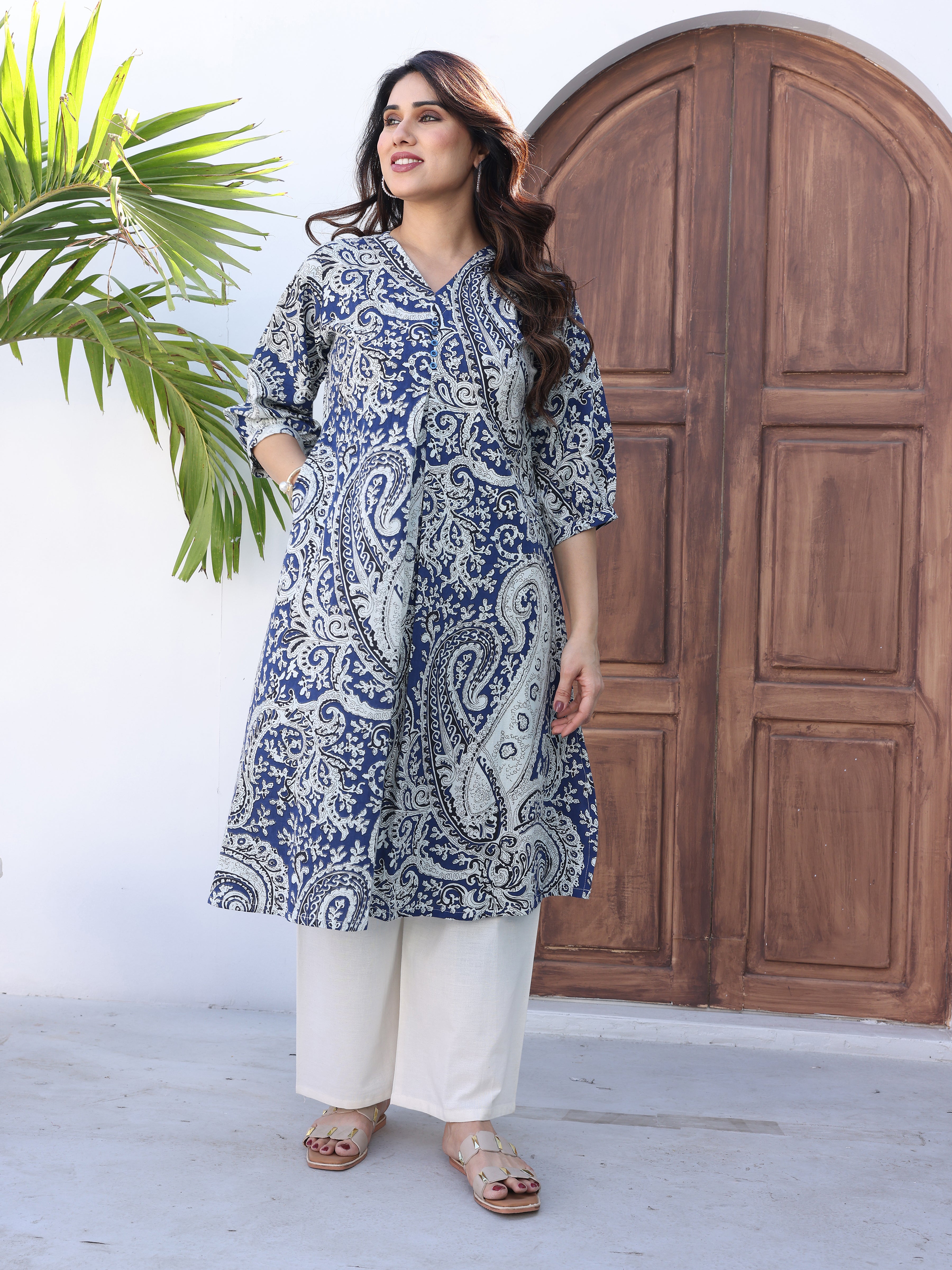 Navy Blue Ethnic Motifs Printed Kurta Palazzo Set