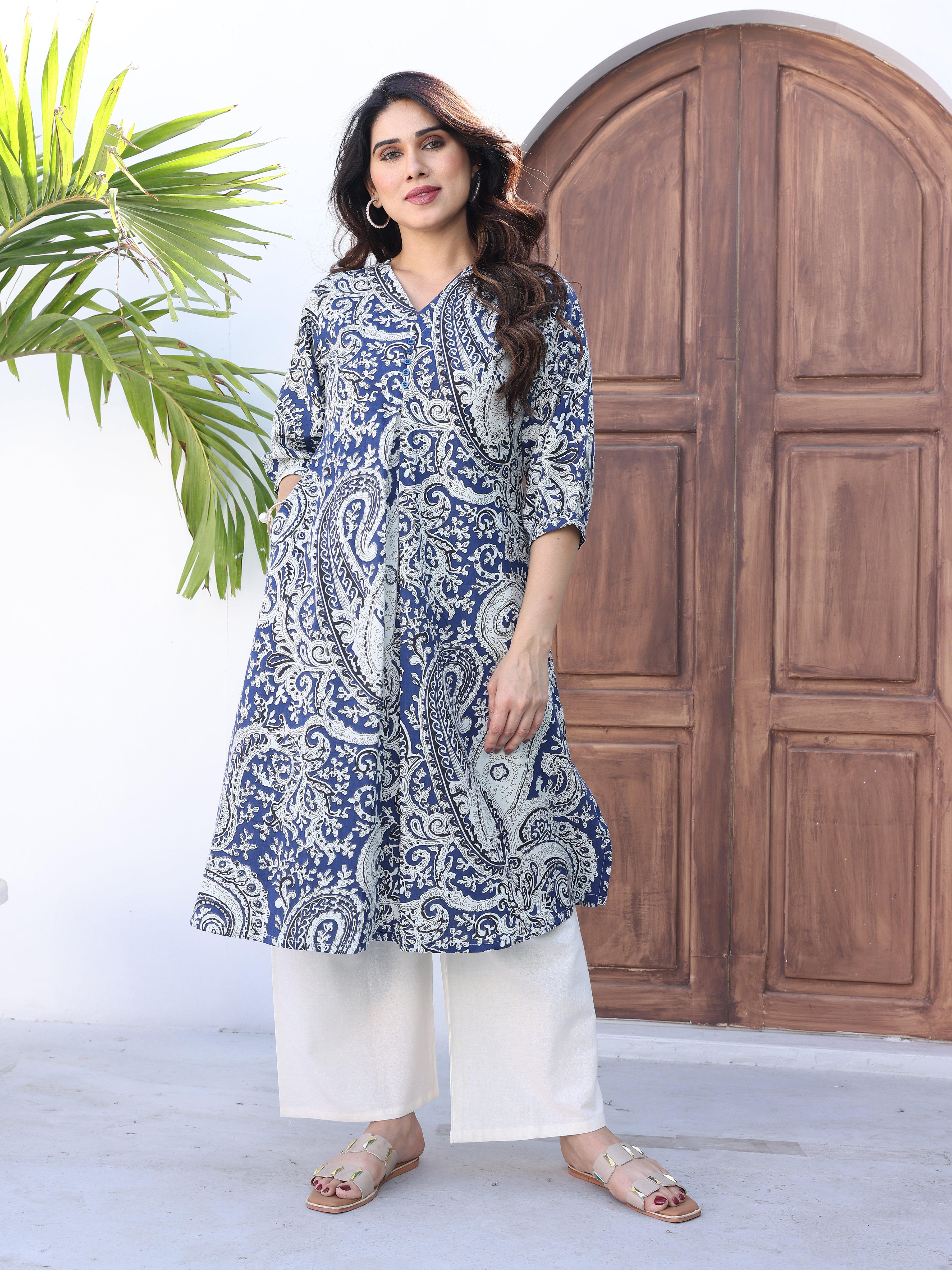 Navy Blue Ethnic Motifs Printed Kurta Palazzo Set