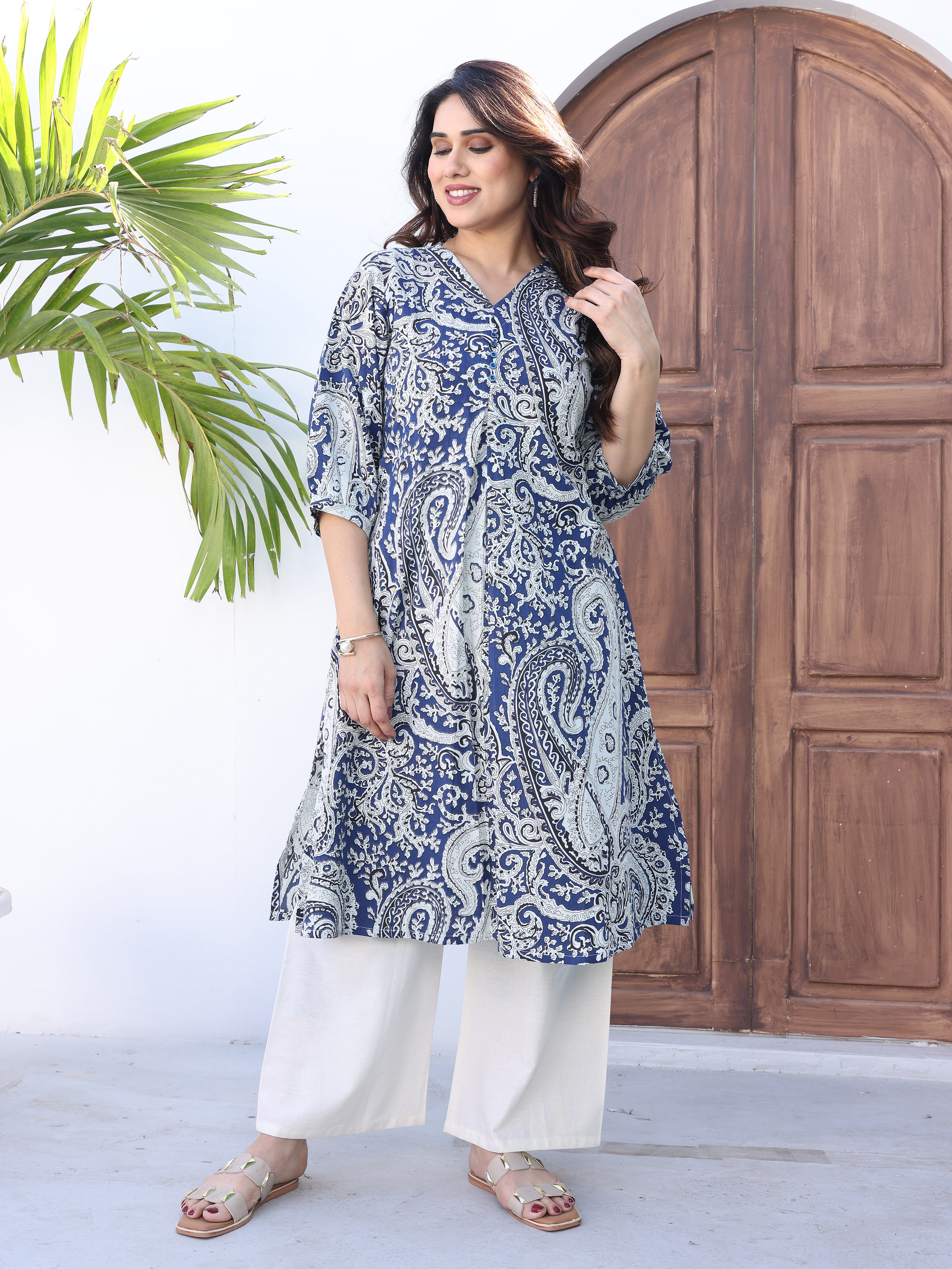 Navy Blue Ethnic Motifs Printed Kurta Palazzo Set